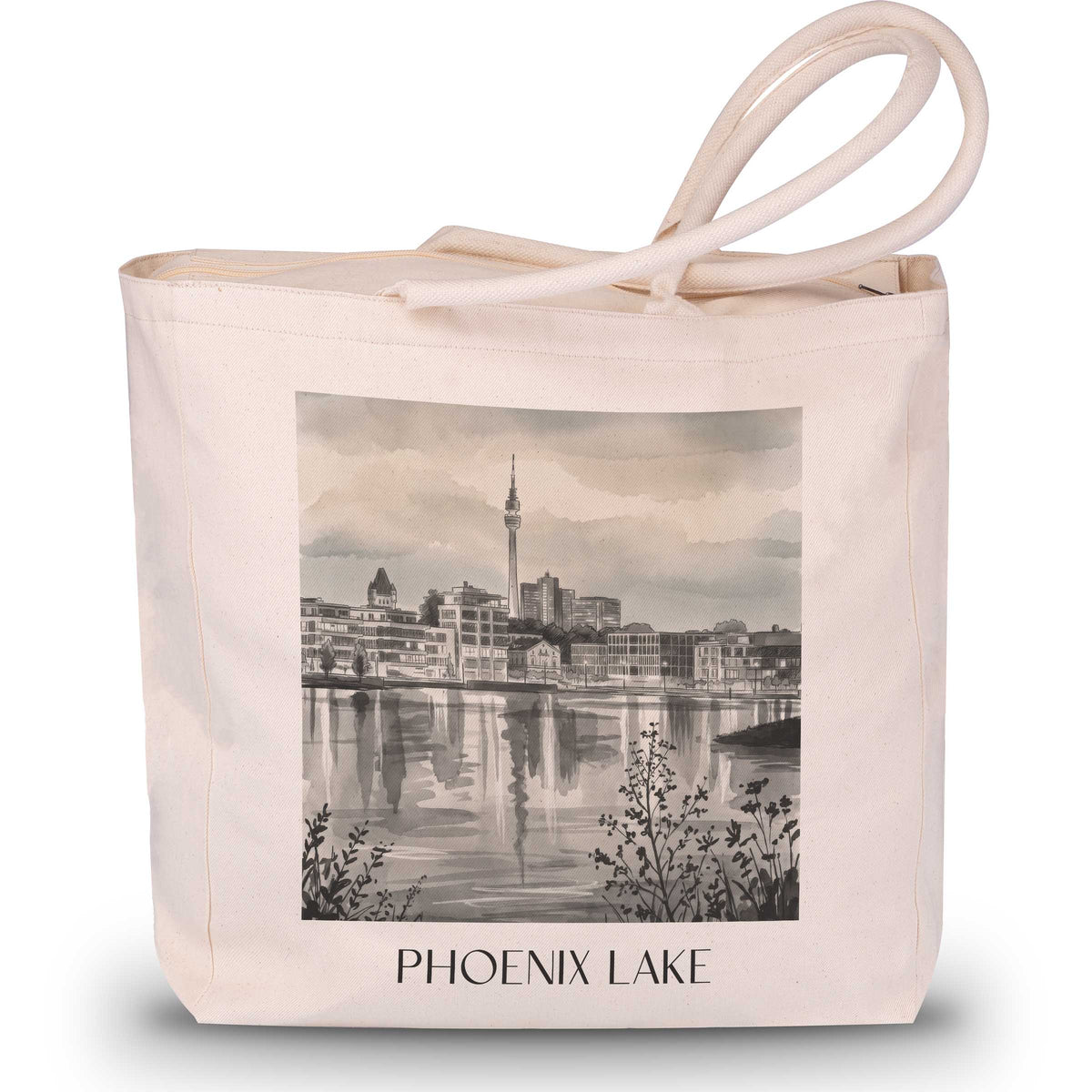 Phoenix See Shopping Tasche - Dortmund - Deutschland Tote Bag - Einkaufstasche im Aquarell Schwarz-Weiß Stil - favplace