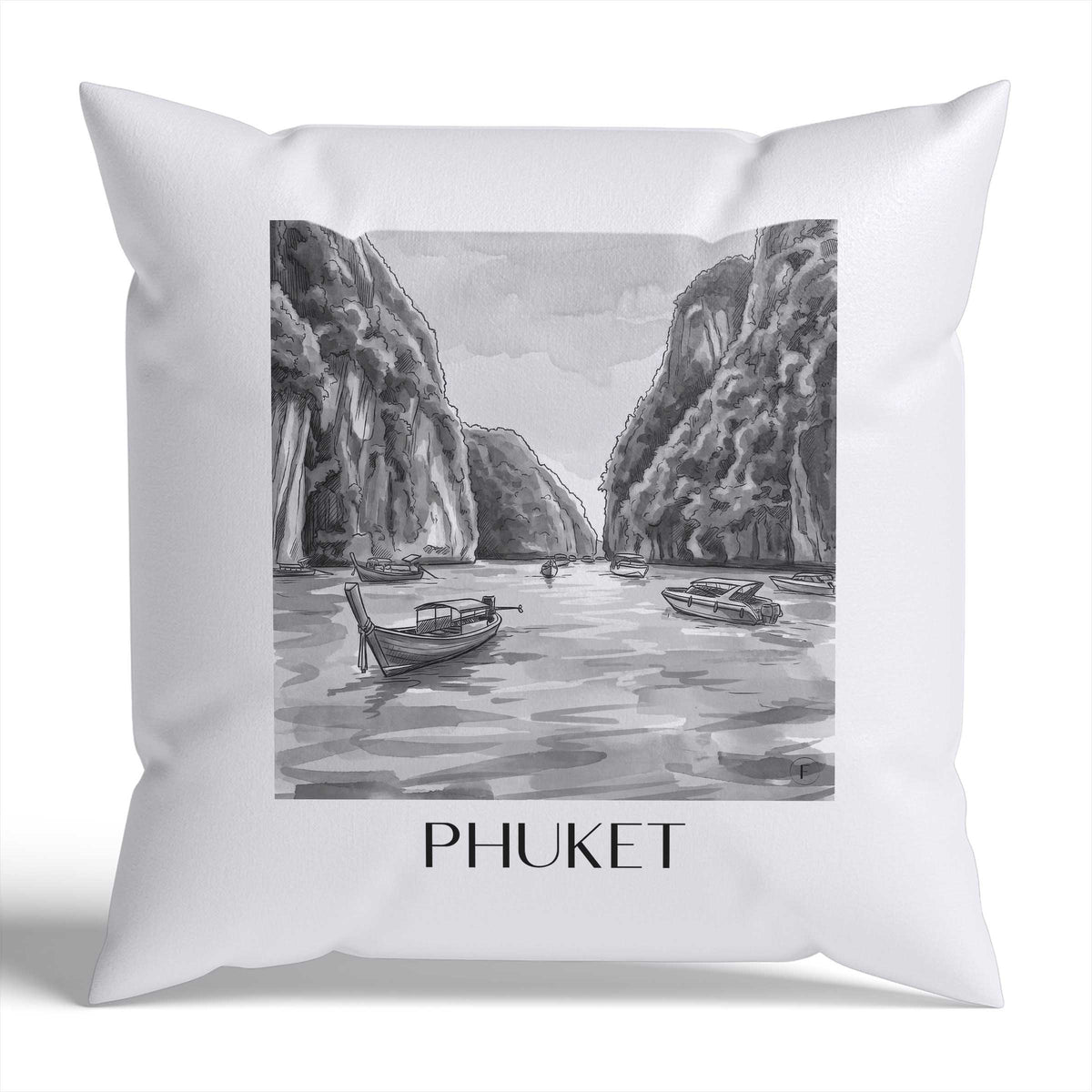 Phuket Kissenhülle - Zierkissen Bezug - Thailand - Thailand Kissen bzw. Kissenbezug im Aquarell Schwarz-Weiß Stil - favplace