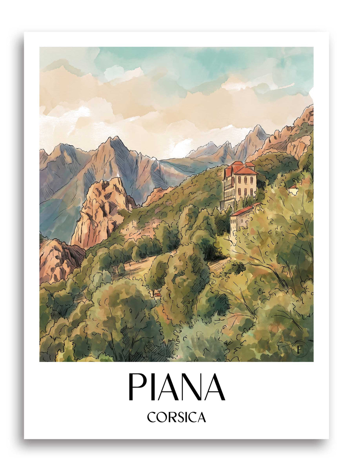 Piana Poster - Korsika - Frankreich Kunstdruck - Aquarell von A4 bis A1 - favplace