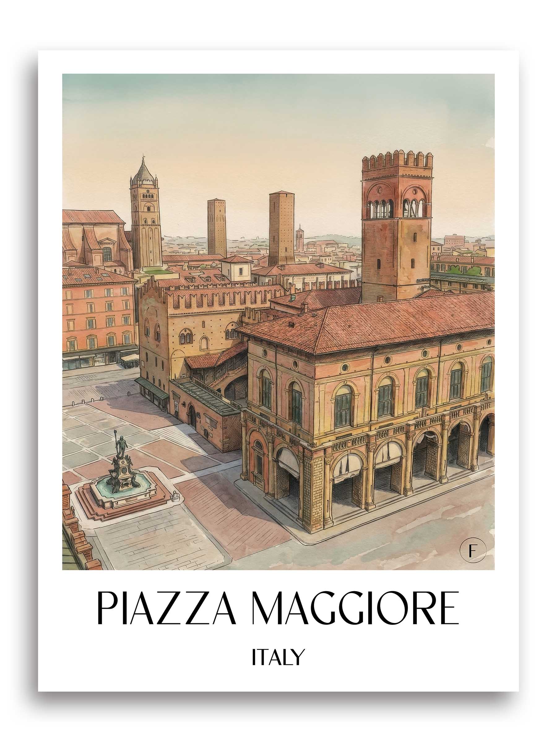 Piazza Maggiore Poster - Bologna - Italien Kunstdruck - Aquarell von A4 bis A1 - favplace