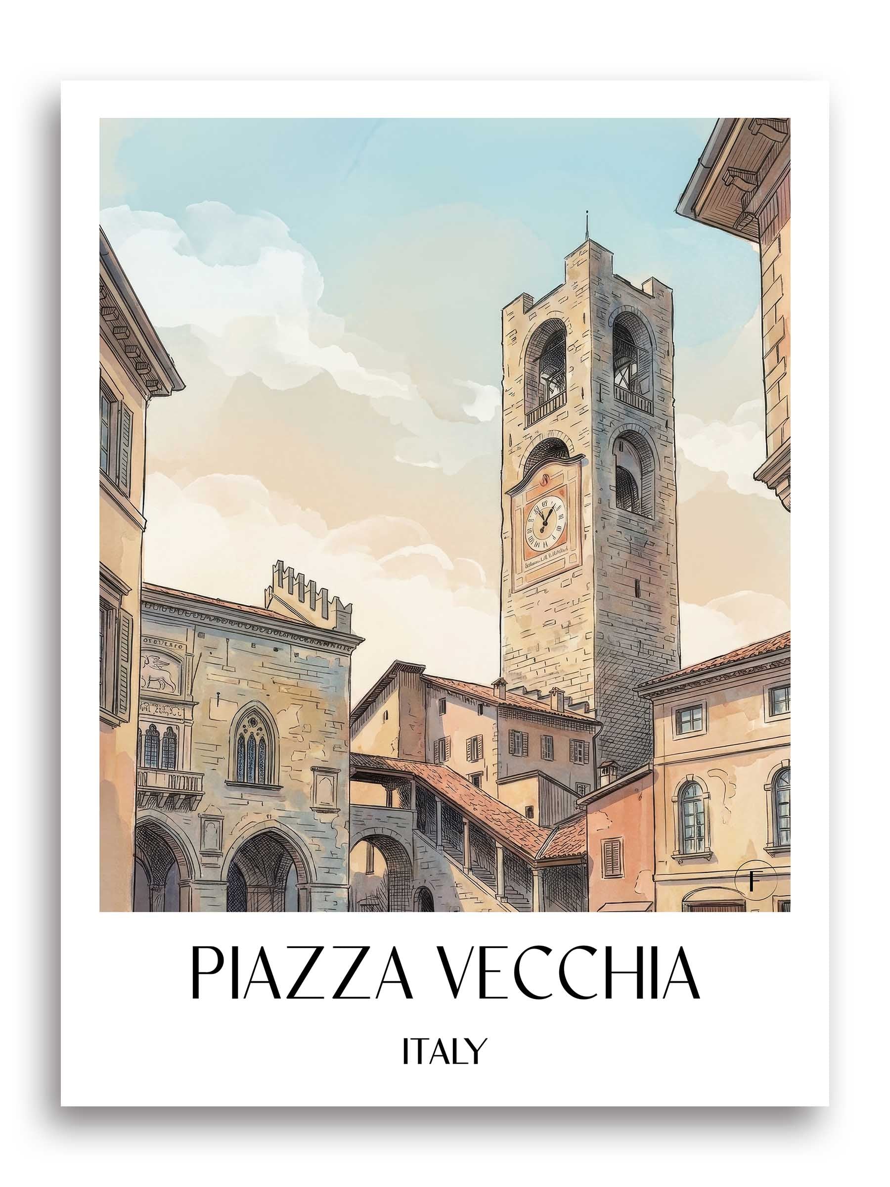 Piazza Vecchia Poster - Bergamo - Italien Kunstdruck - Aquarell von A4 bis A1 - favplace