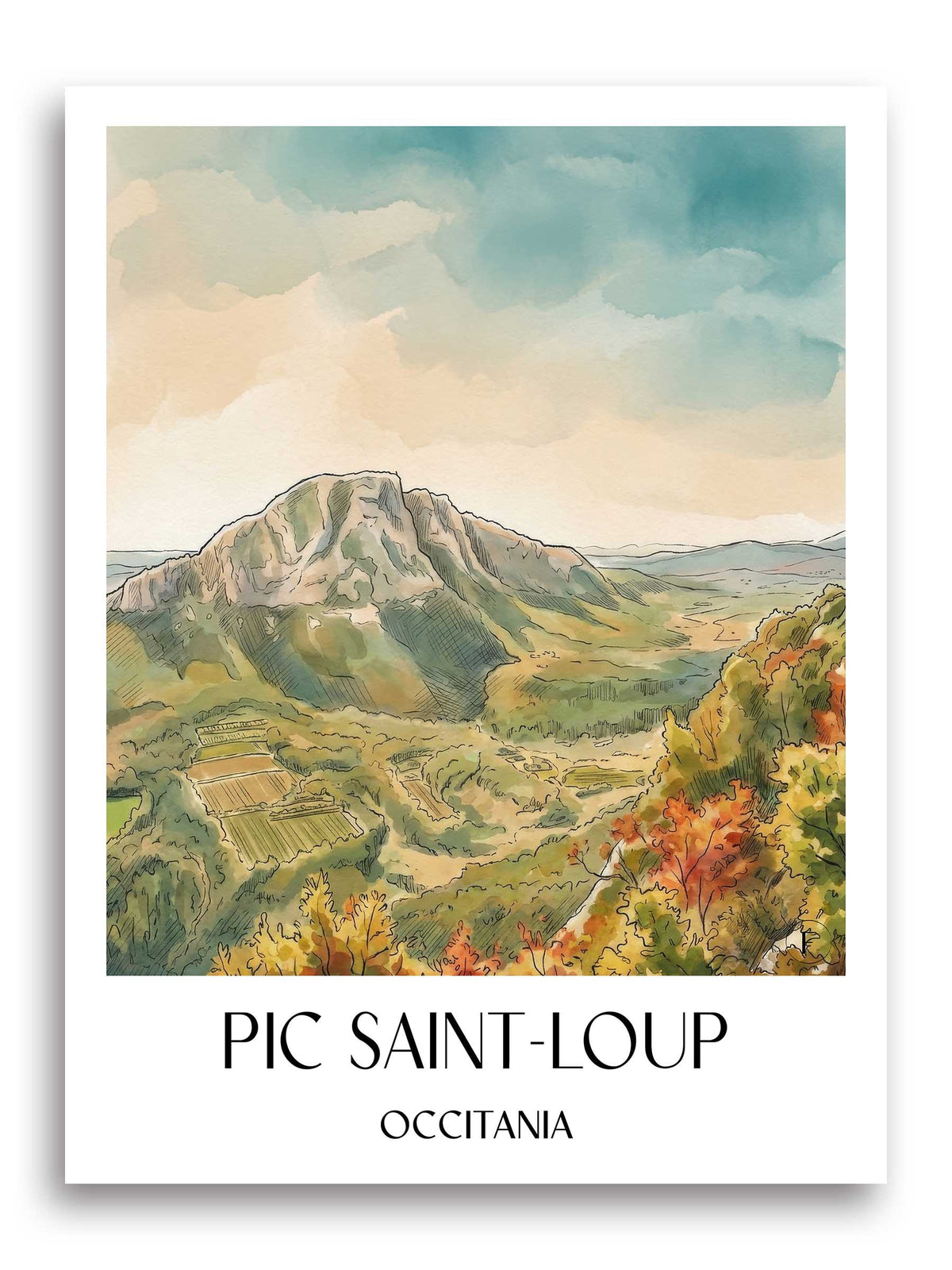 Pic Saint-Loup Poster - Okzitanien - Frankreich Kunstdruck - Aquarell von A4 bis A1 - favplace