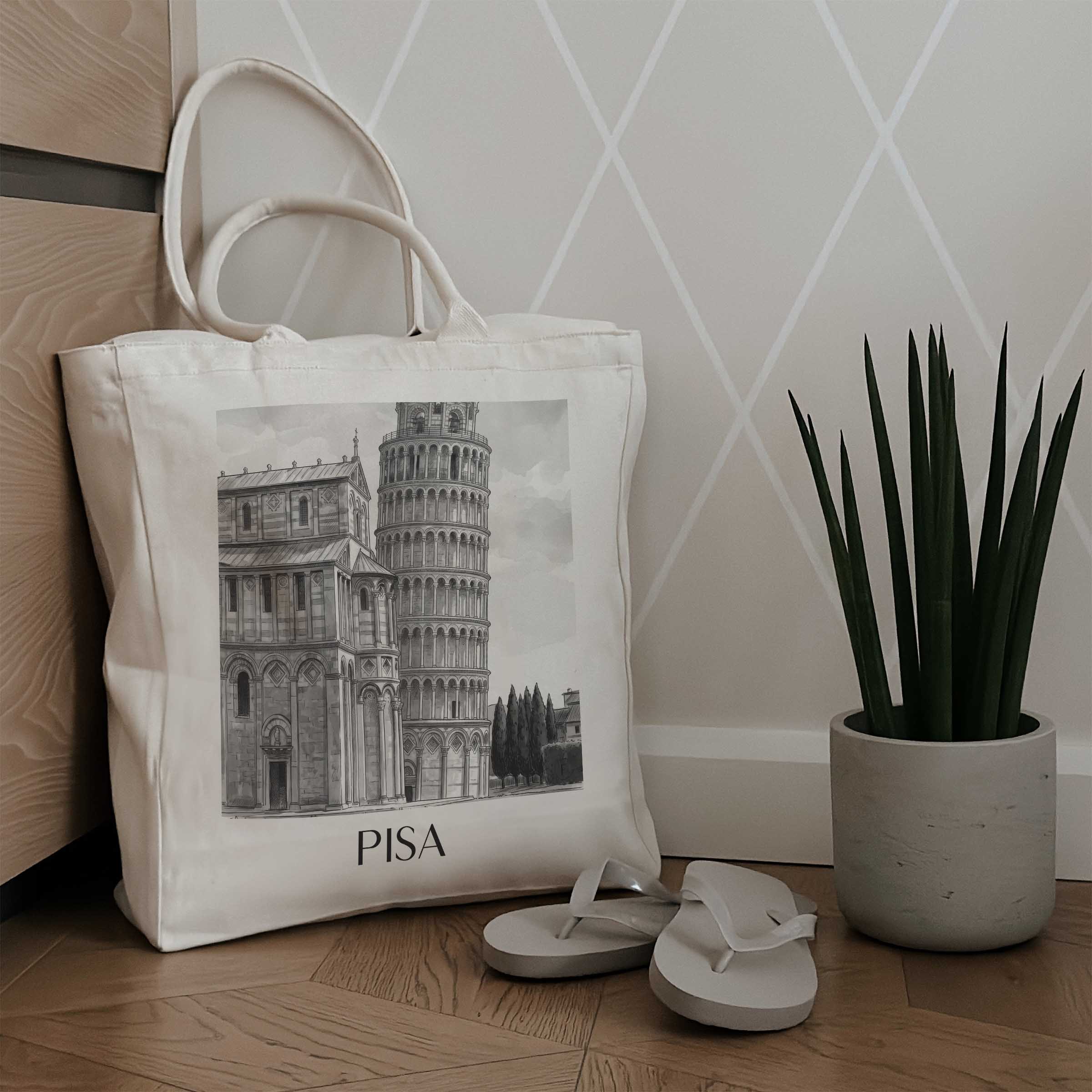 pisa-italien-einkaufstasche-aquarell-schwarz-weiss