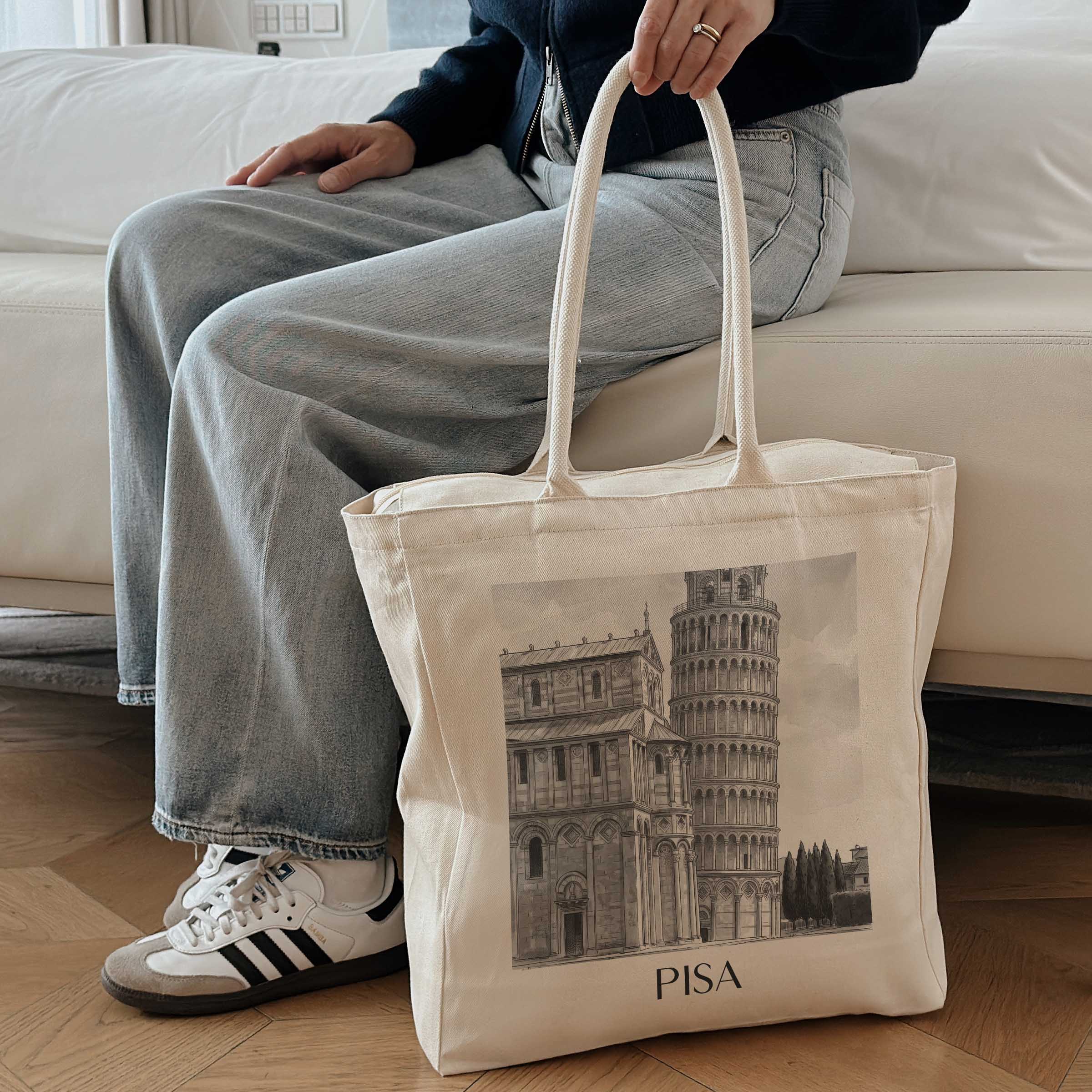 pisa-italien-einkaufstasche-aquarell-schwarz-weiss