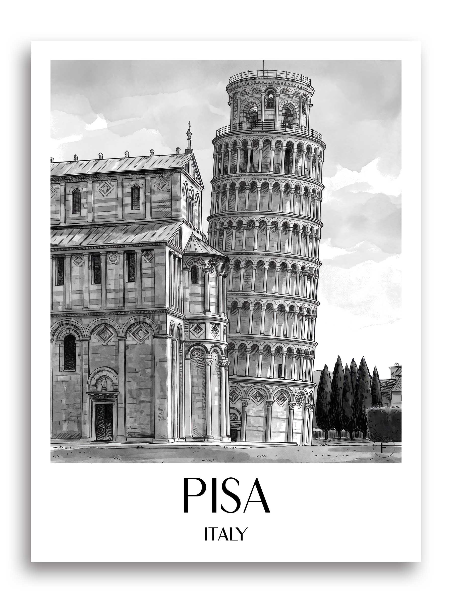 Pisa Poster - - Italien Kunstdruck - Aquarell Schwarz-Weiß von A4 bis A1 - favplace