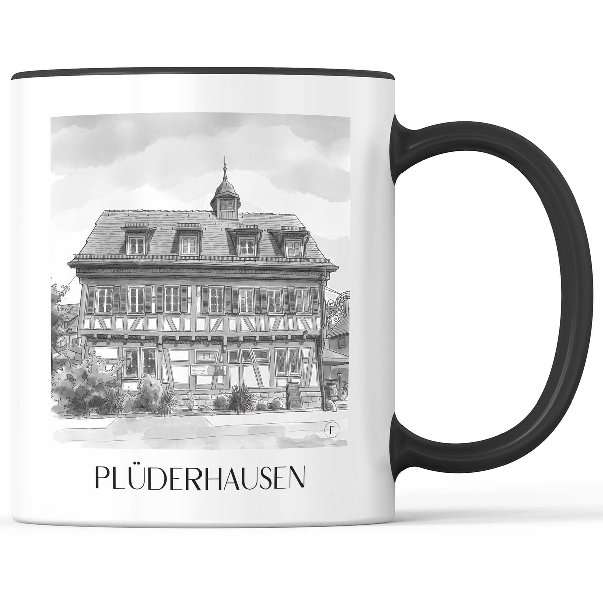 Plüderhausen - Deutschland Becher - Kaffeetasse im Aquarell Schwarz-Weiß Stil - favplace