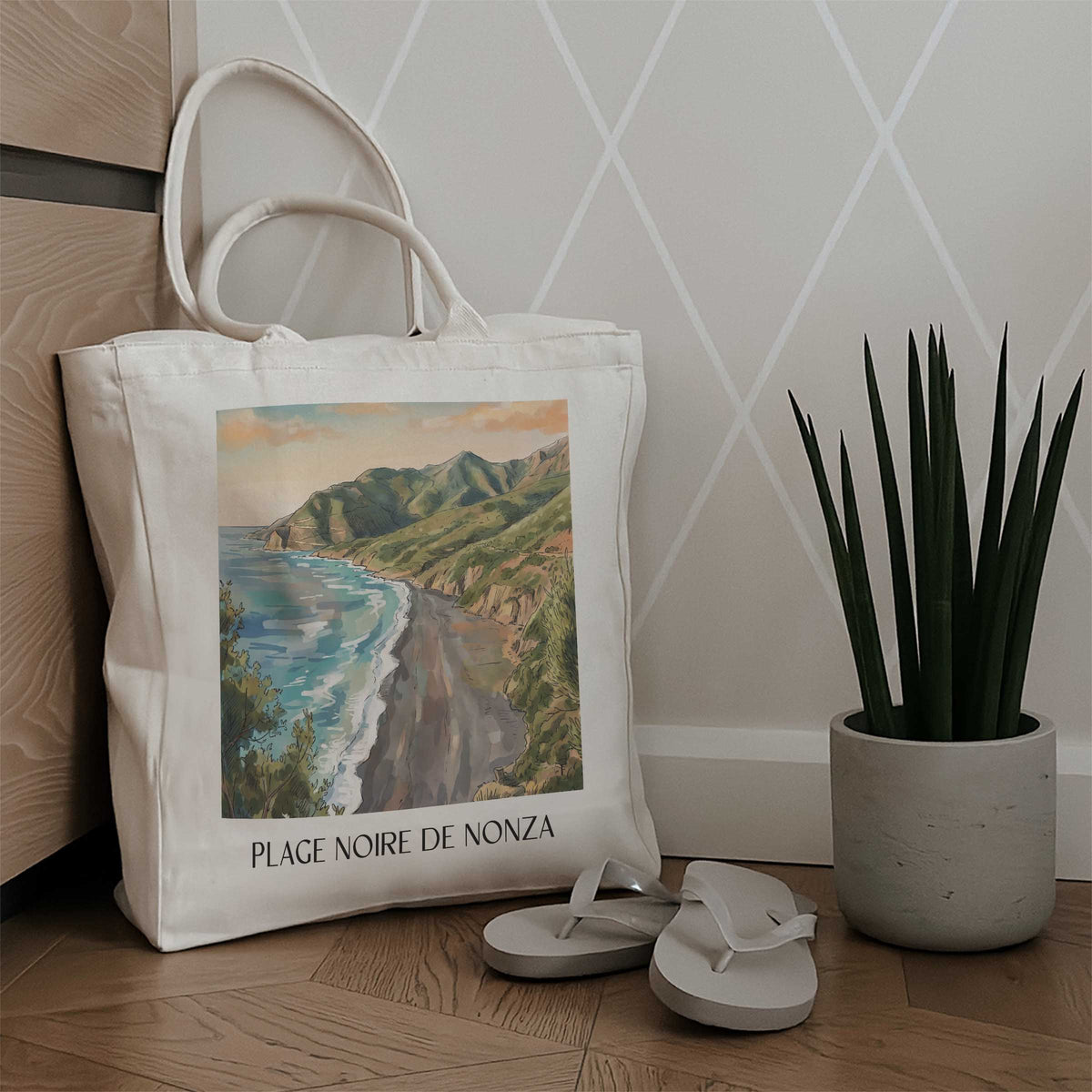 plage-noire-de-nonza-cap-corse-frankreich-einkaufstasche-aquarell