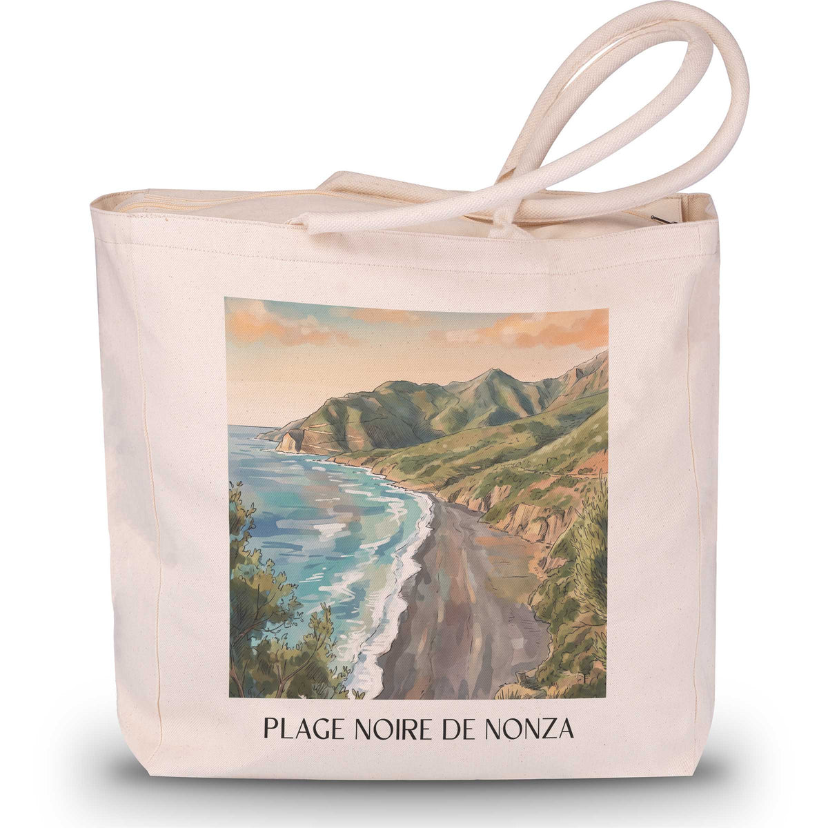 plage-noire-de-nonza-cap-corse-frankreich-einkaufstasche-aquarell