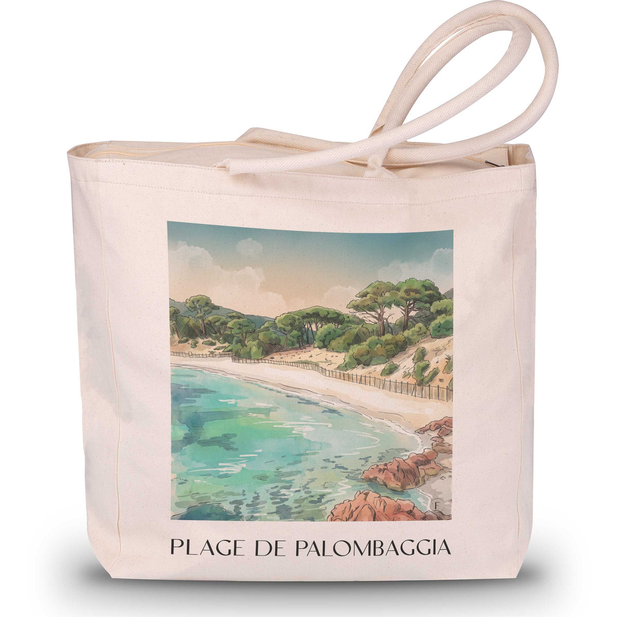 plage-de-palombaggia-porto-vecchio-frankreich-einkaufstasche-aquarell