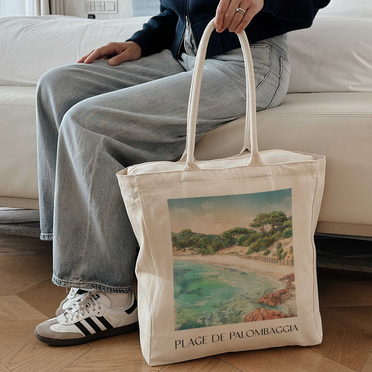 plage-de-palombaggia-porto-vecchio-frankreich-einkaufstasche-aquarell