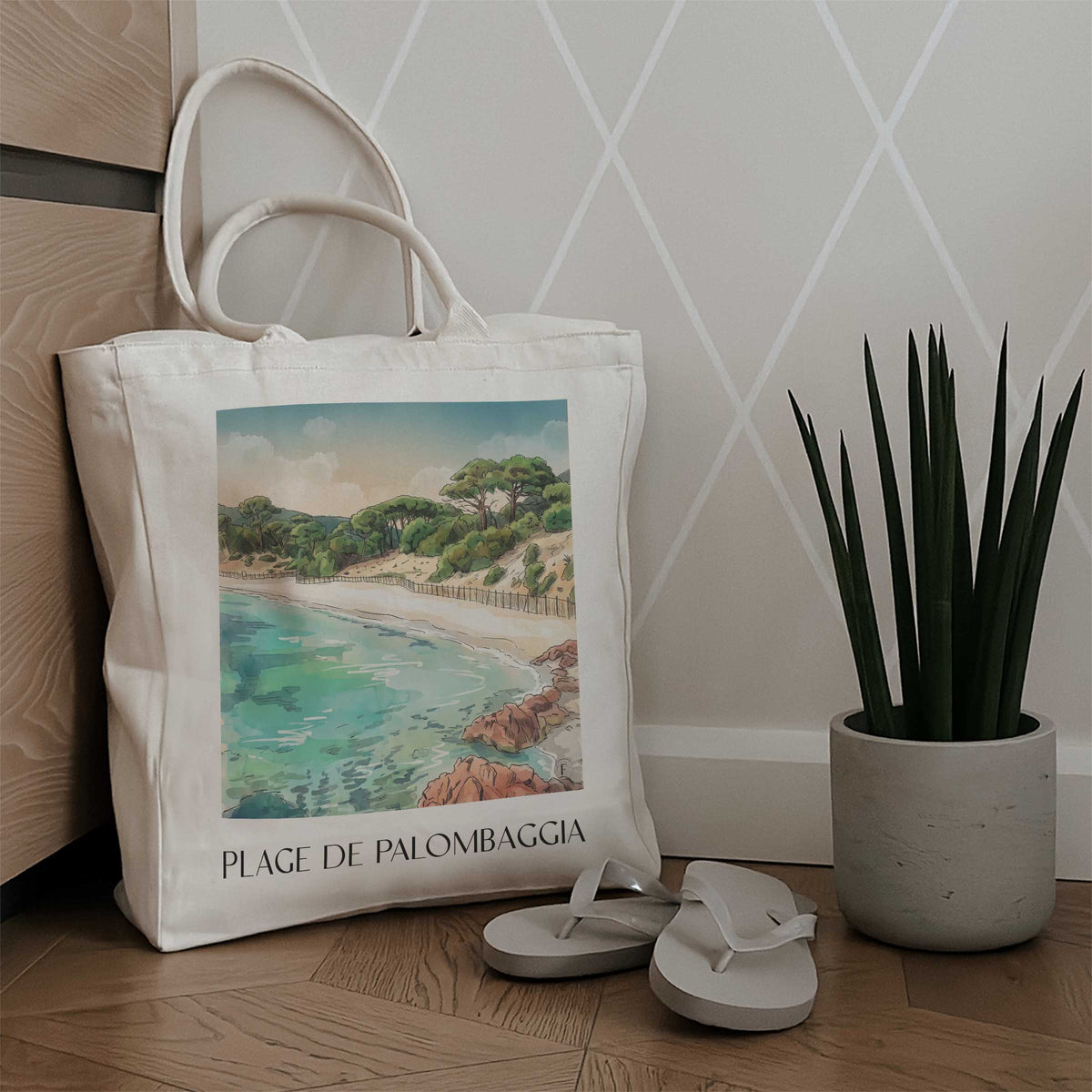 plage-de-palombaggia-porto-vecchio-frankreich-einkaufstasche-aquarell