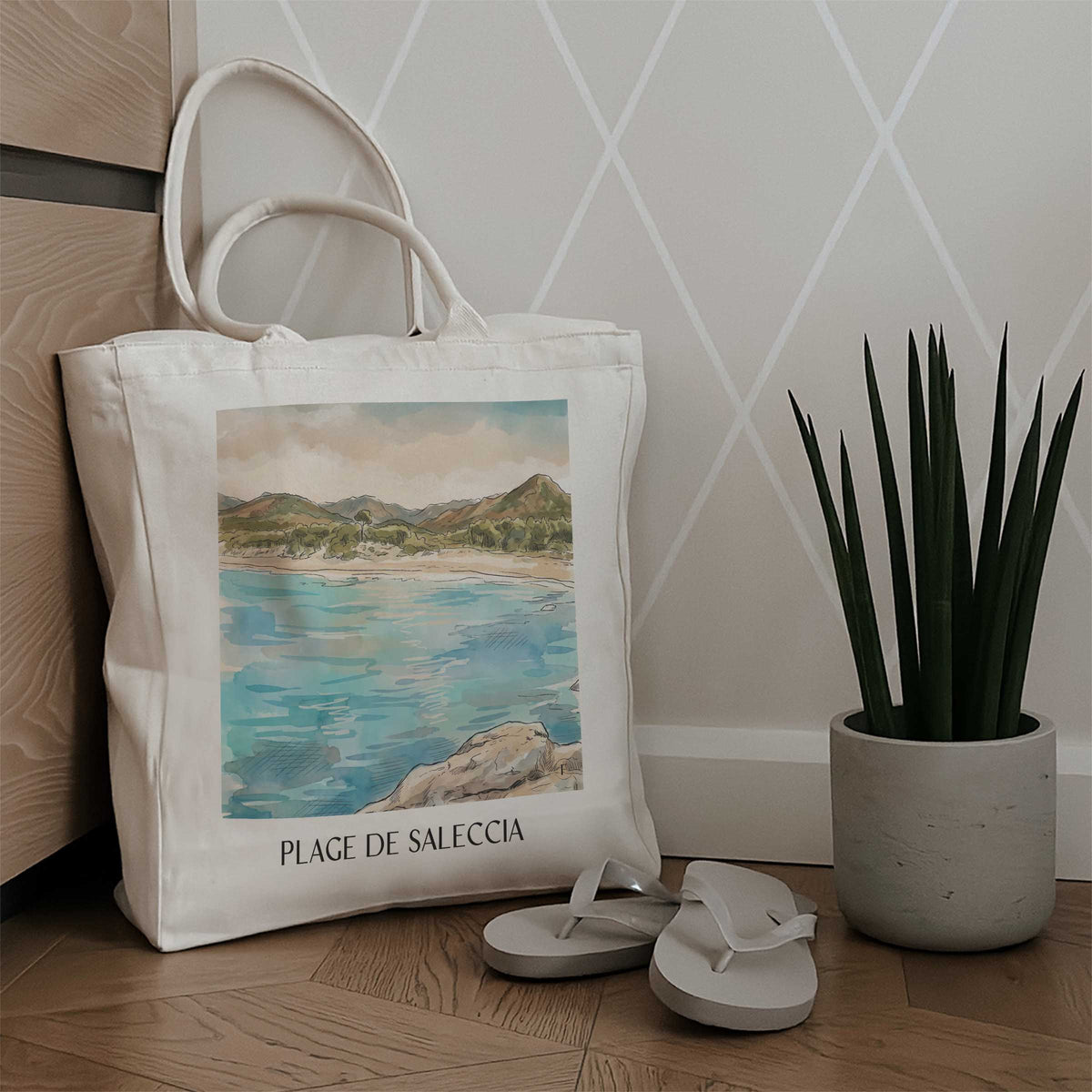 plage-de-saleccia-désert-des-agriates-frankreich-einkaufstasche-aquarell