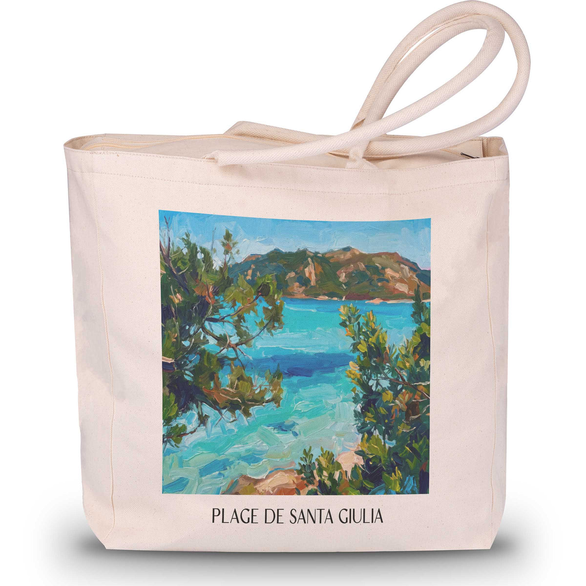 plage-de-santa-giulia-porto-vecchio-frankreich-einkaufstasche-oil-painting-oelgemaelde