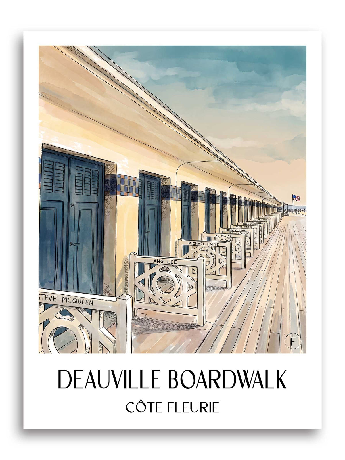 Planches de Deauville Poster - Côte Fleurie - Frankreich Kunstdruck - Aquarell von A4 bis A1