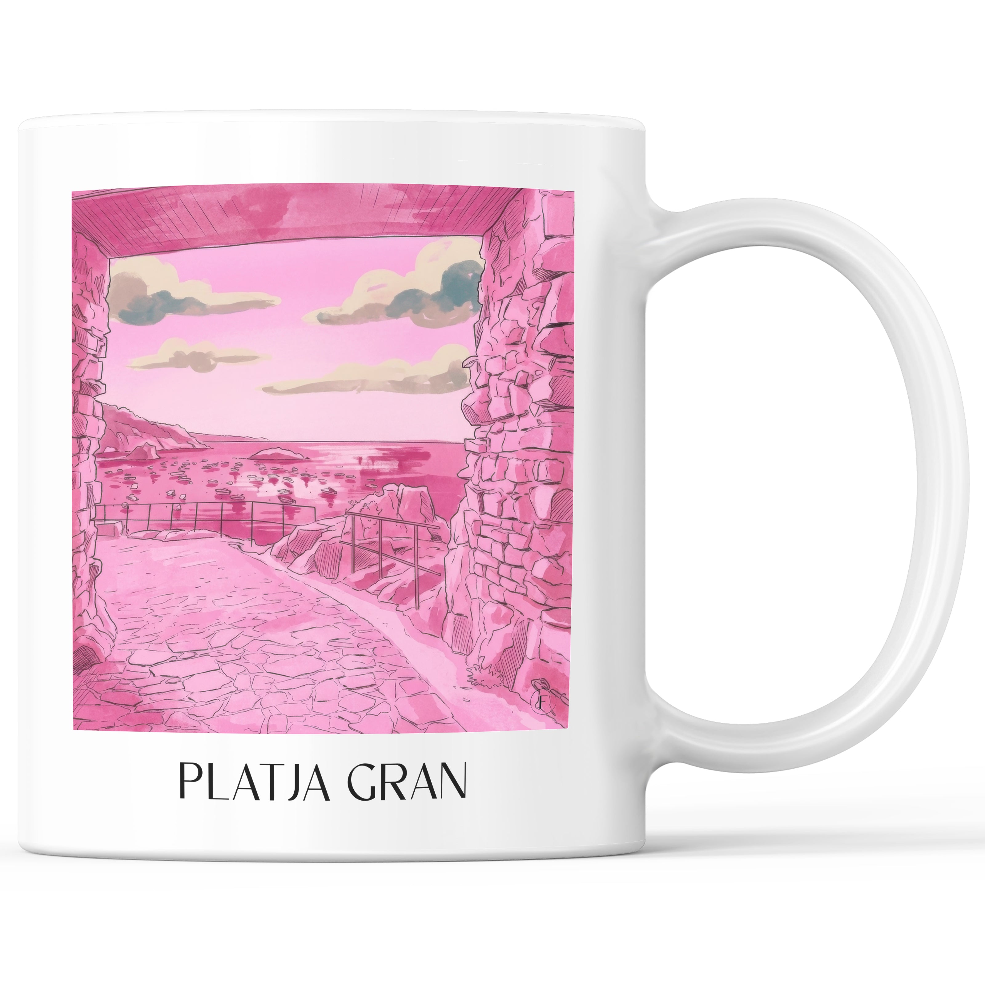 Platja Gran Kaffeebecher - Tossa de Mar - Spanien Becher - Kaffeetasse im Aquarell Pink Stil - favplace
