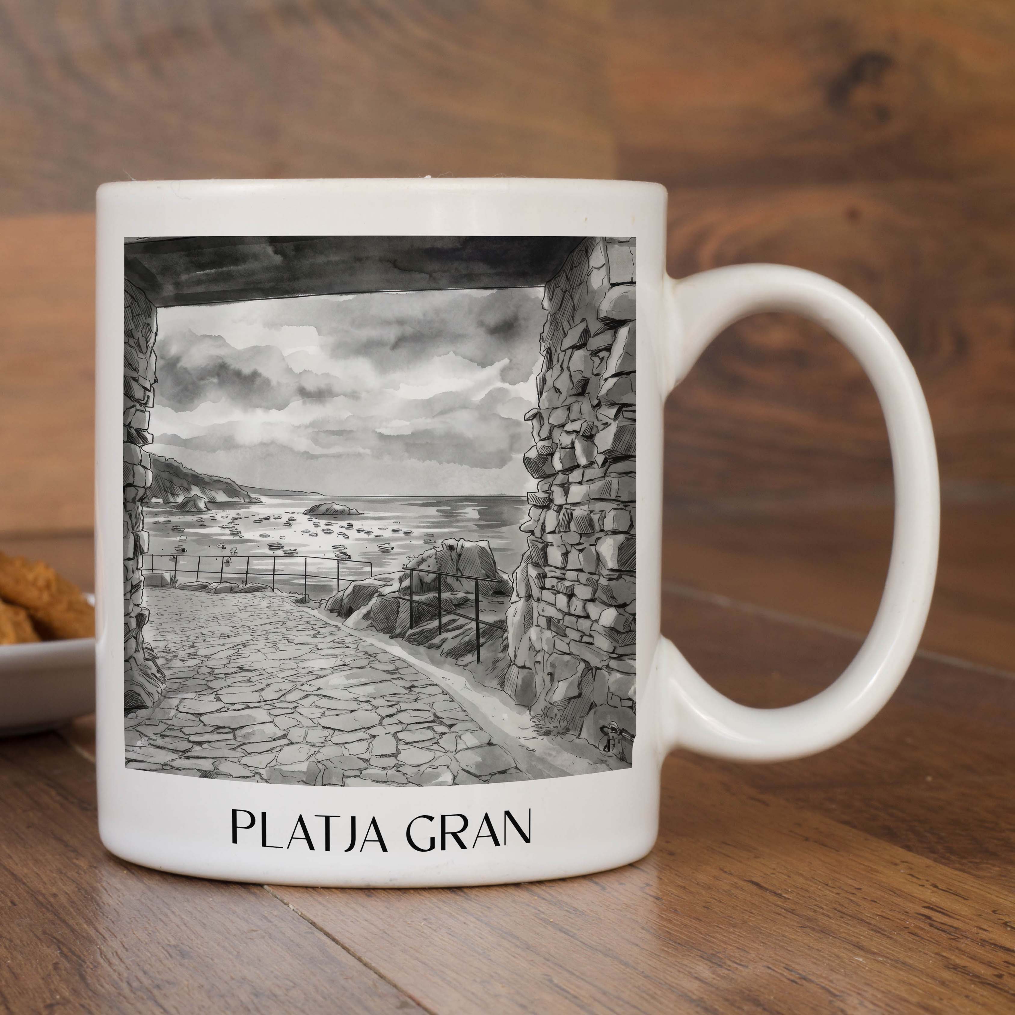 platja-gran-tossa-de-mar-spanien-kaffeebecher-aquarell-schwarz-weiss