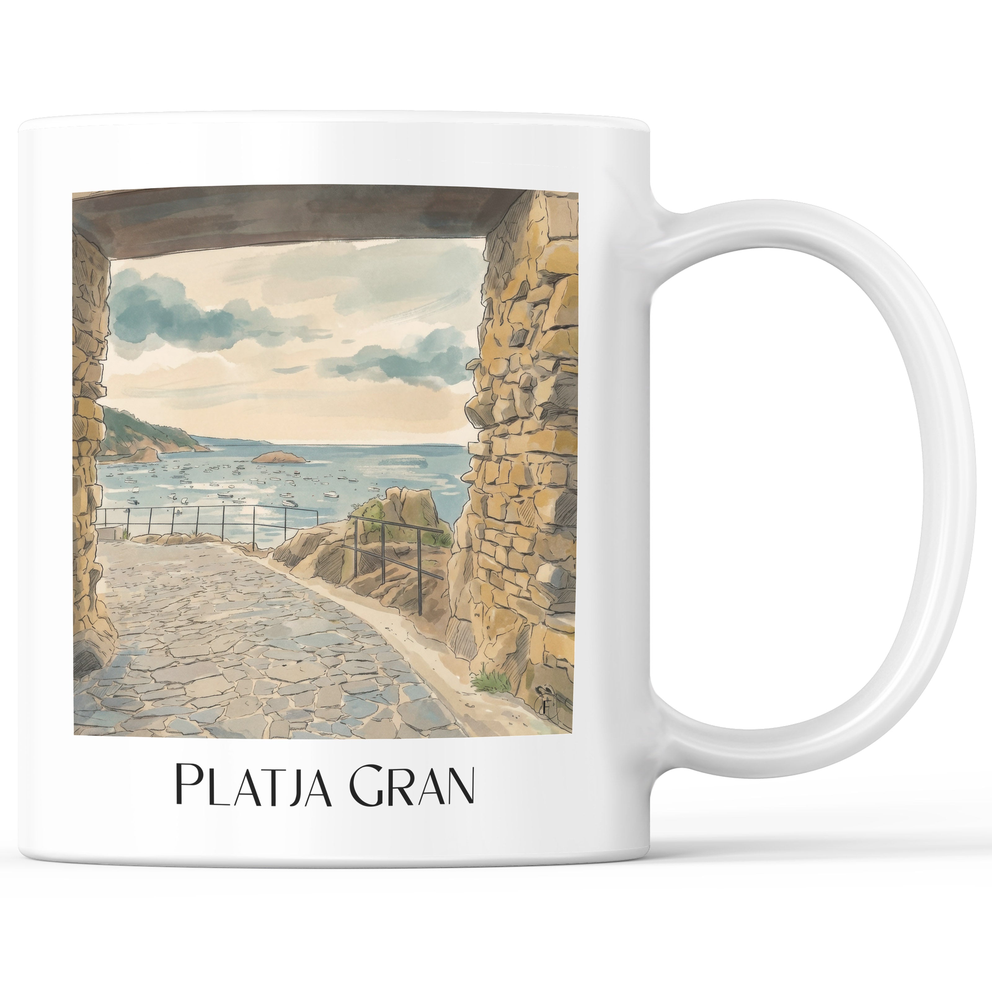 Platja Gran Kaffeebecher - Tossa de Mar - Spanien Becher - Kaffeetasse im Aquarell Stil - favplace