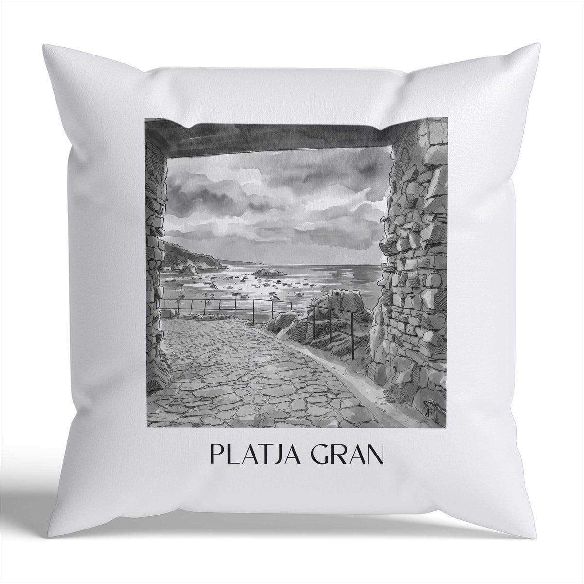 platja-gran-tossa-de-mar-spanien-kissenbezug-aquarell-schwarz-weiss
