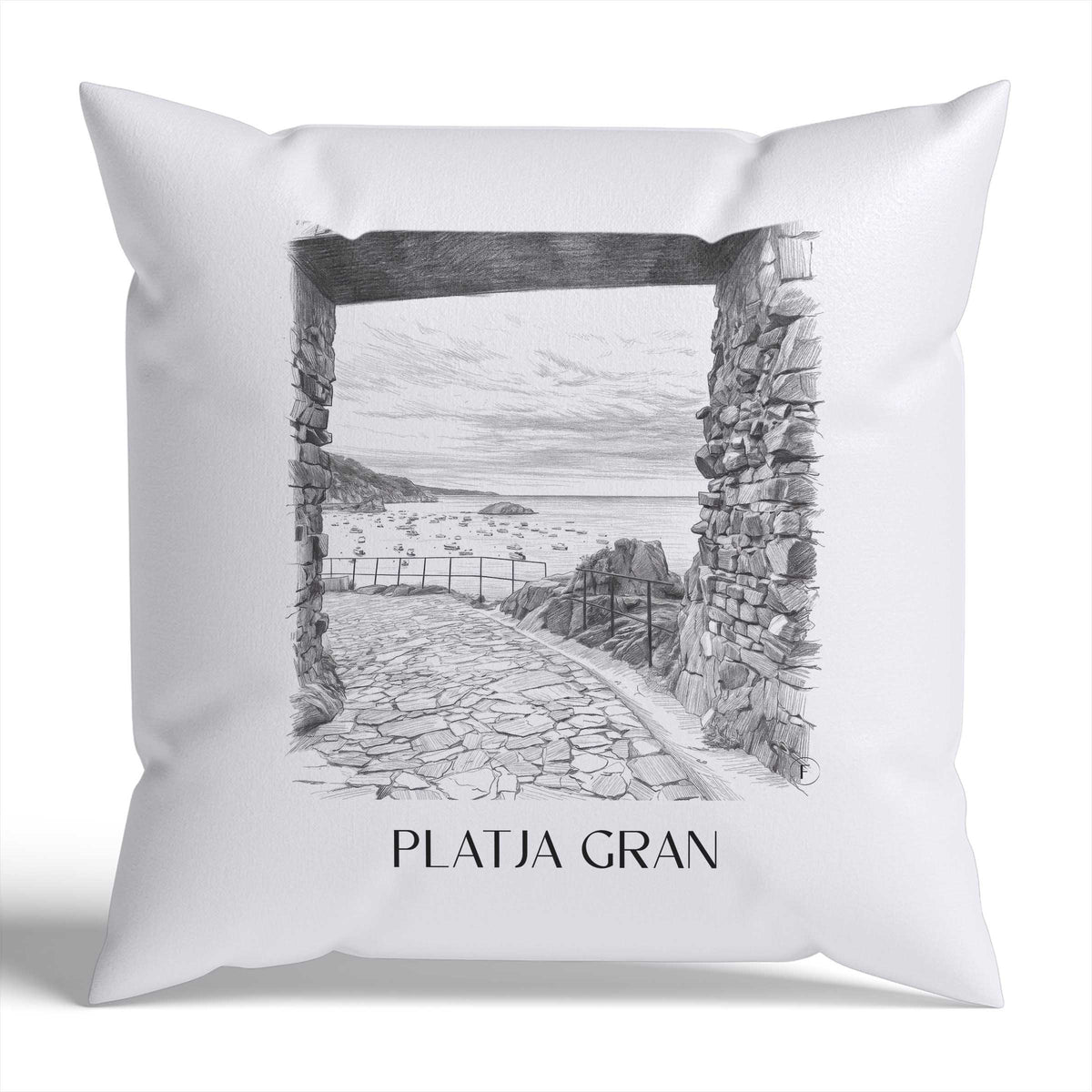 platja-gran-tossa-de-mar-spanien-kissenbezug-bleistift-zeichnung-drawing