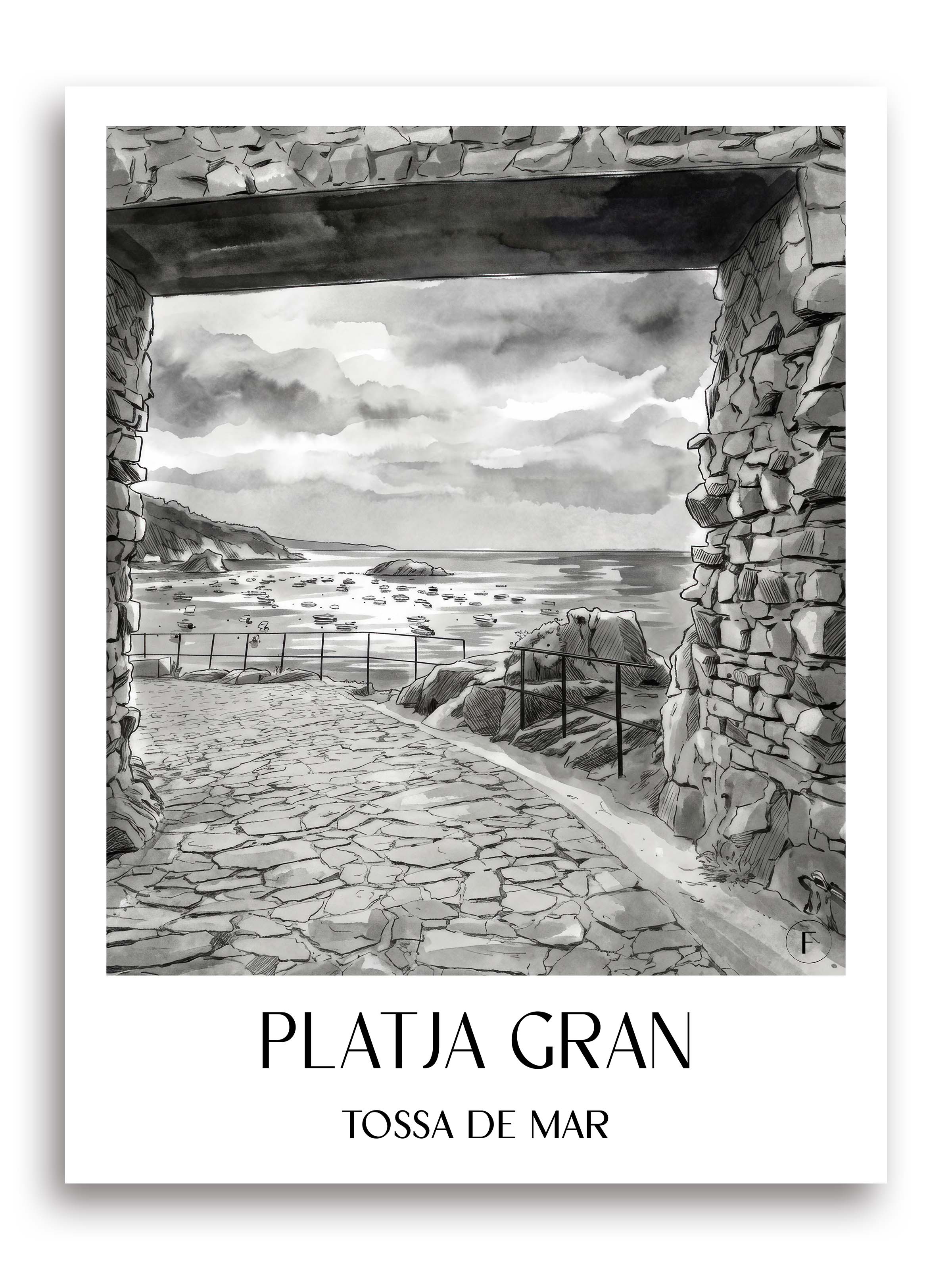 platja-gran-tossa-de-mar-spanien-poster-aquarell-schwarz-weiss