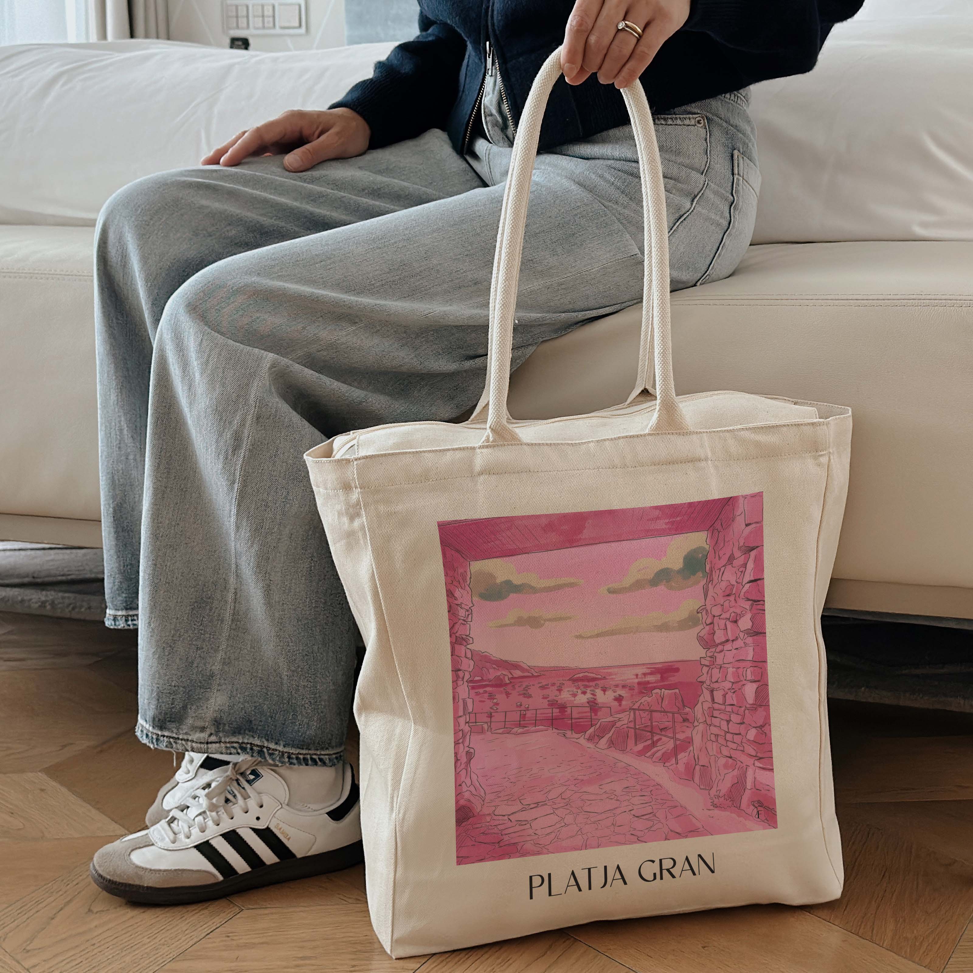 platja-gran-tossa-de-mar-spanien-einkaufstasche-aquarell-pink-rosa