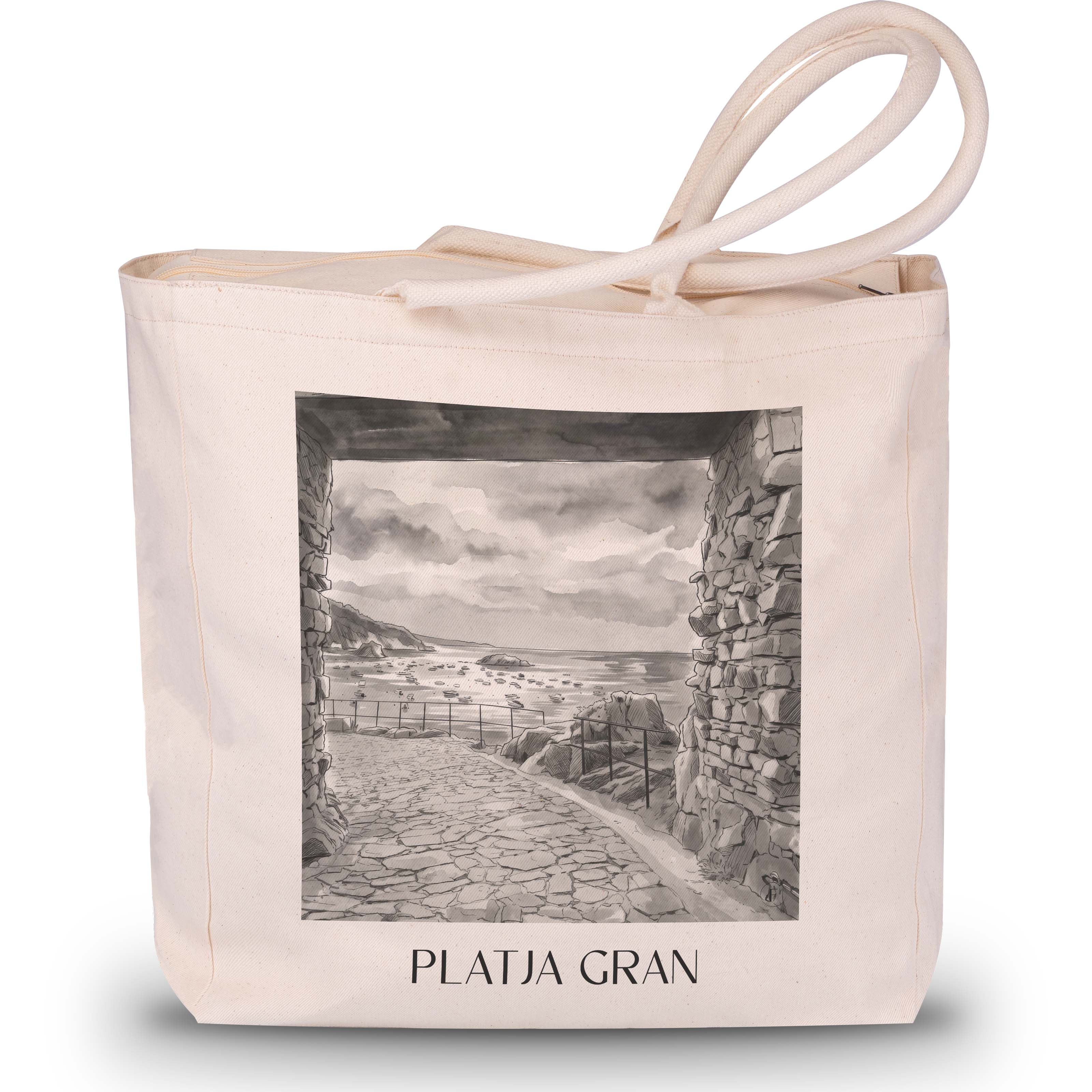 platja-gran-tossa-de-mar-spanien-einkaufstasche-aquarell-schwarz-weiss