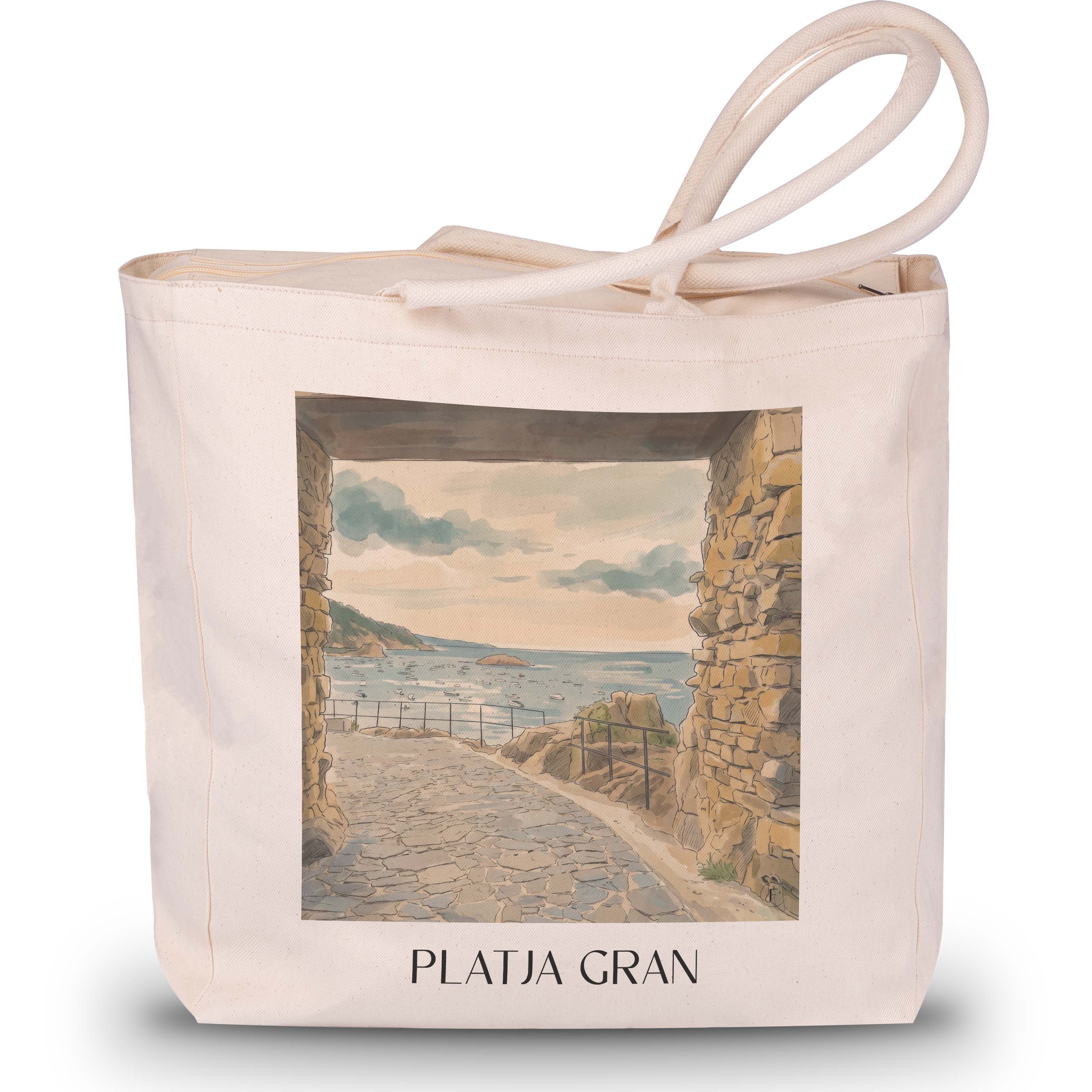 platja-gran-tossa-de-mar-spanien-einkaufstasche-aquarell