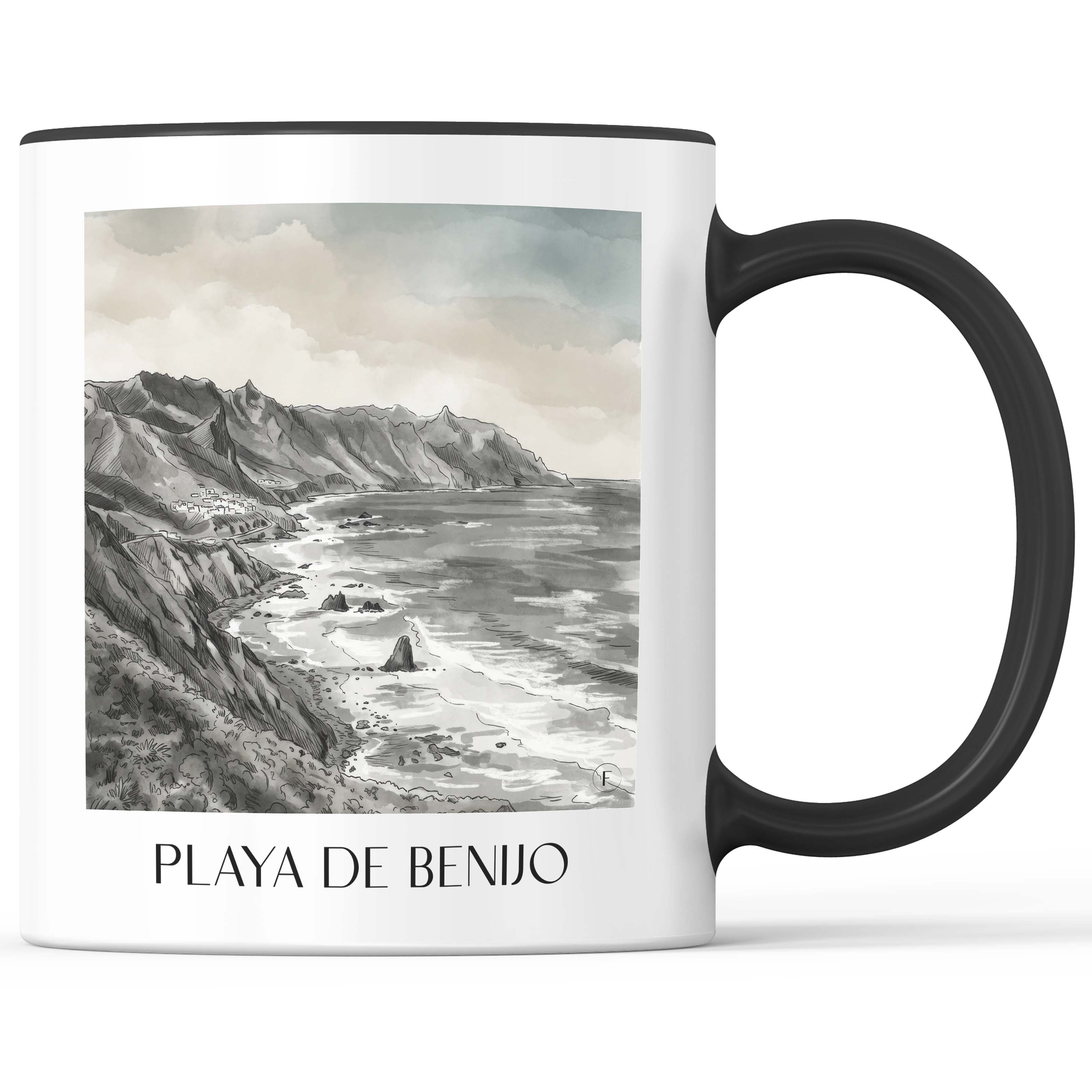 playa-de-benijo-teneriffa-spanien-kaffeebecher-aquarell-schwarz-weiss