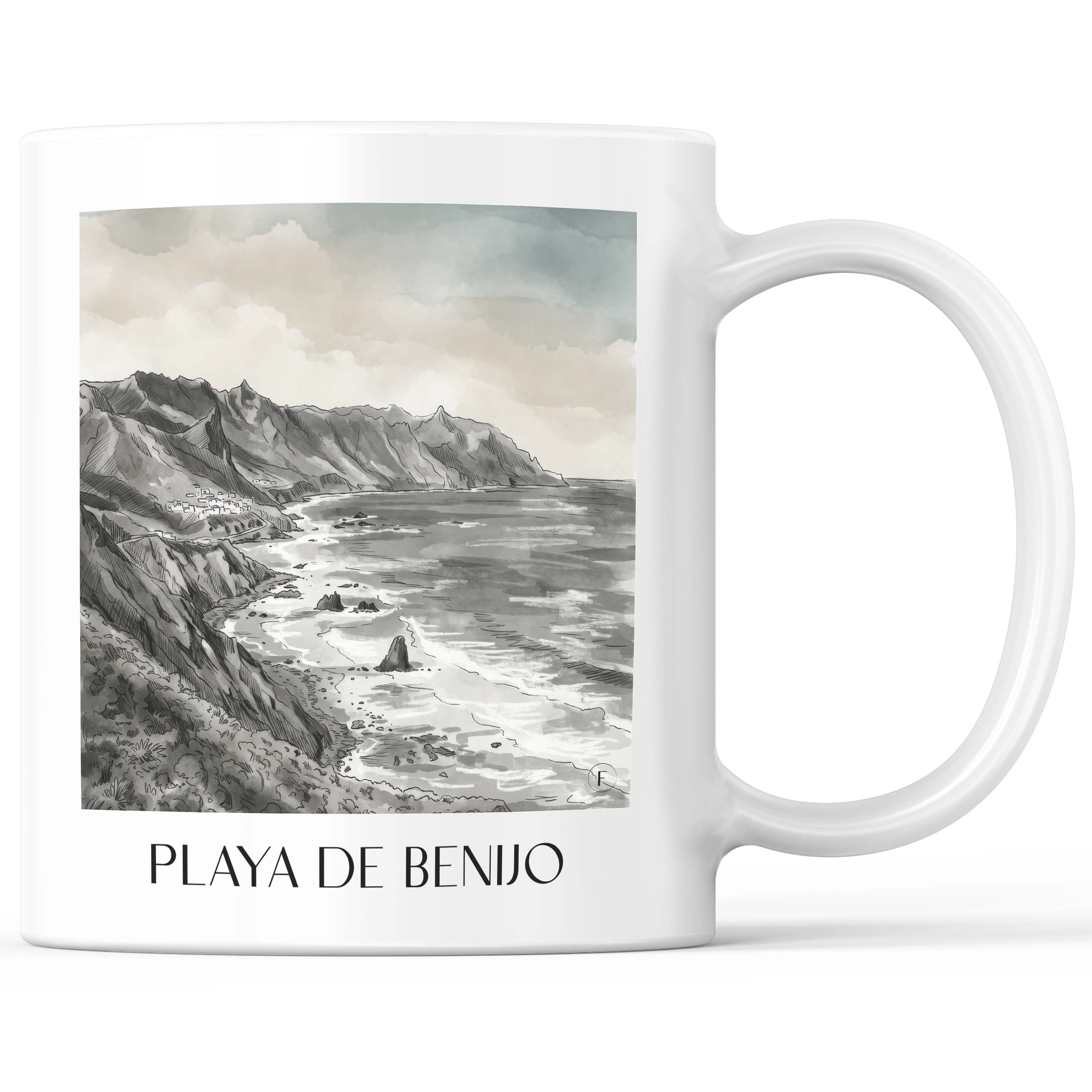 Playa de Benijo Kaffeebecher - Teneriffa - Spanien Becher - Kaffeetasse im Aquarell Schwarz-Weiß Stil - favplace