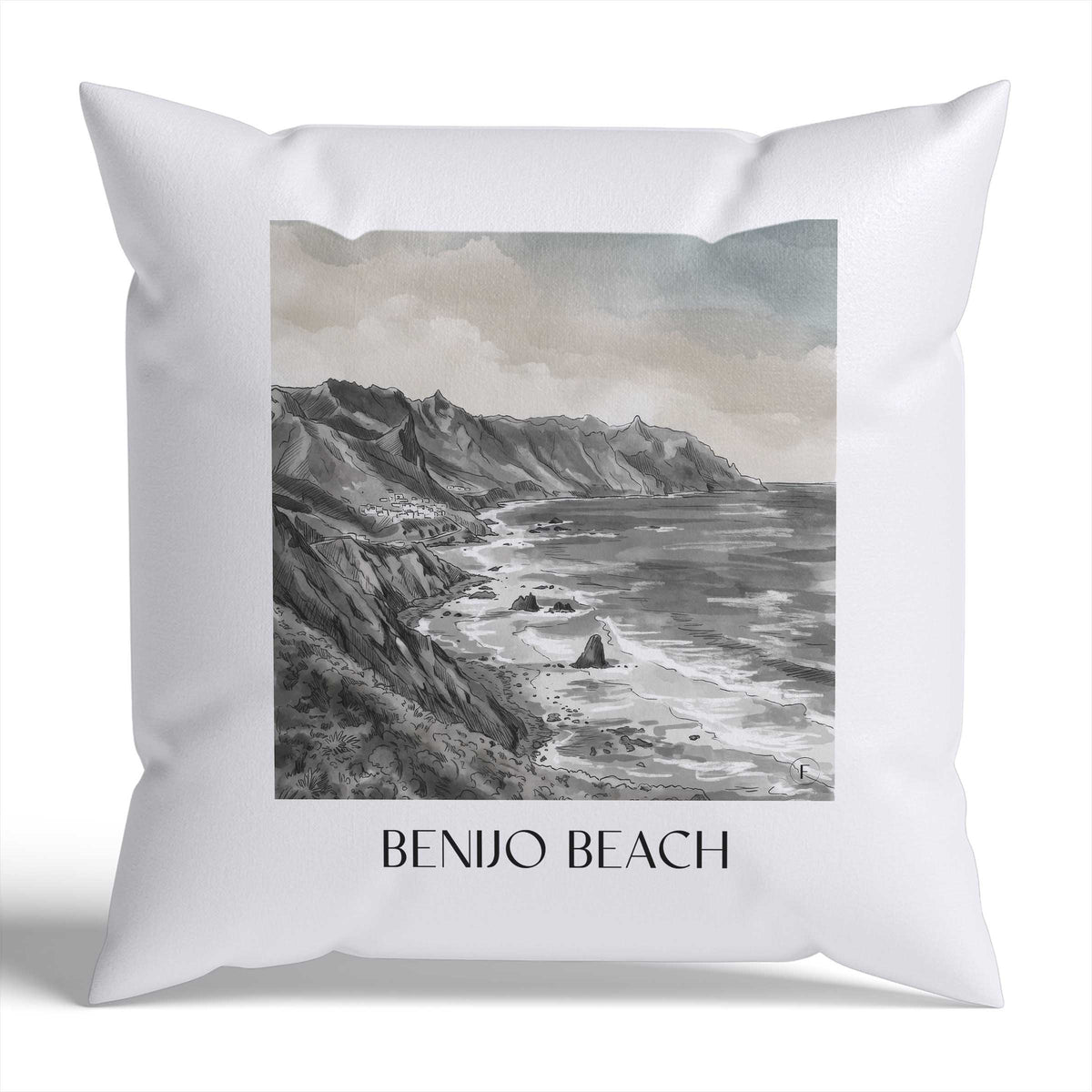 Playa de Benijo Kissenhülle - Zierkissen Bezug - Teneriffa - Spanien Kissen bzw. Kissenbezug im Aquarell Schwarz-Weiß Stil - favplace