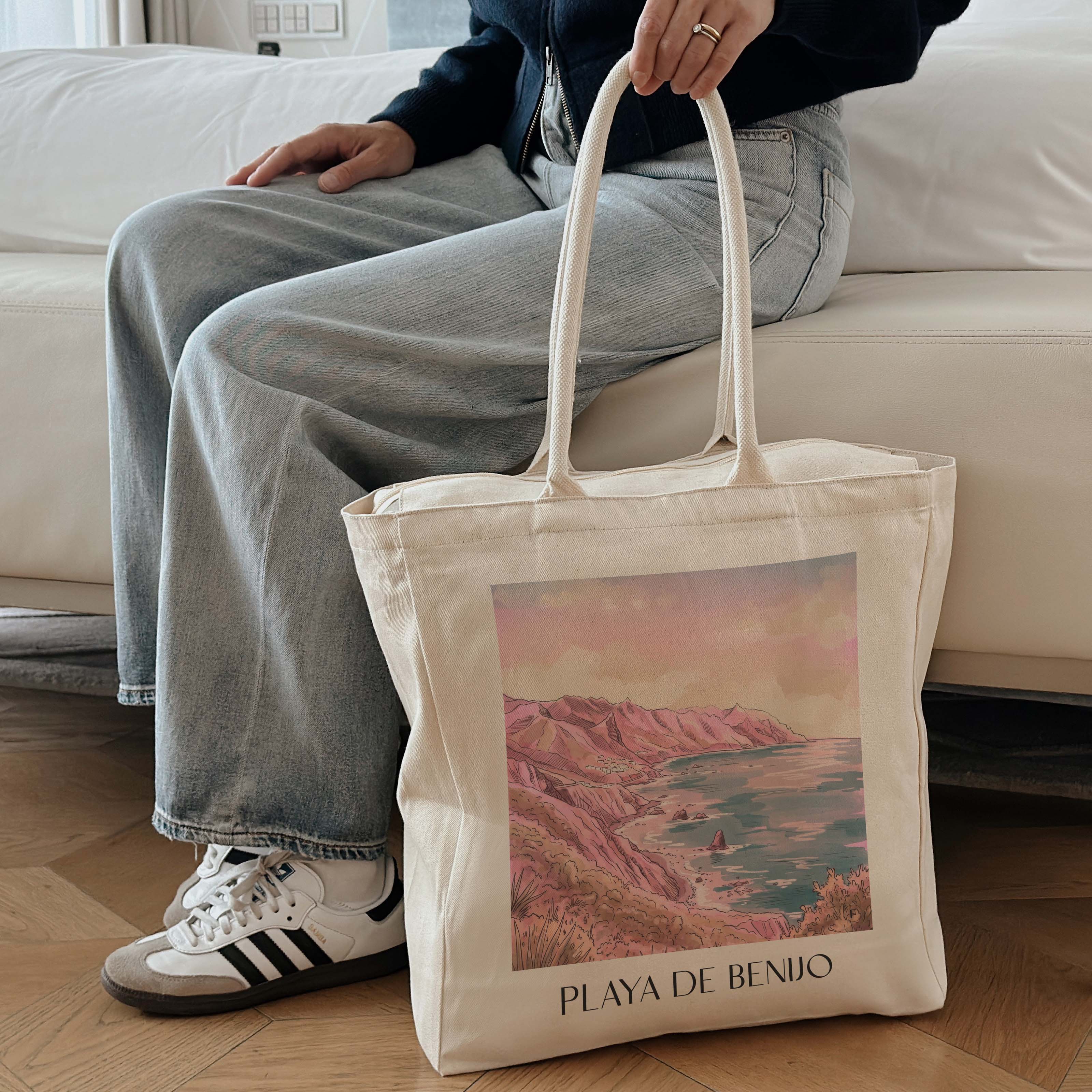 playa-de-benijo-teneriffa-spanien-einkaufstasche-aquarell-pink-rosa