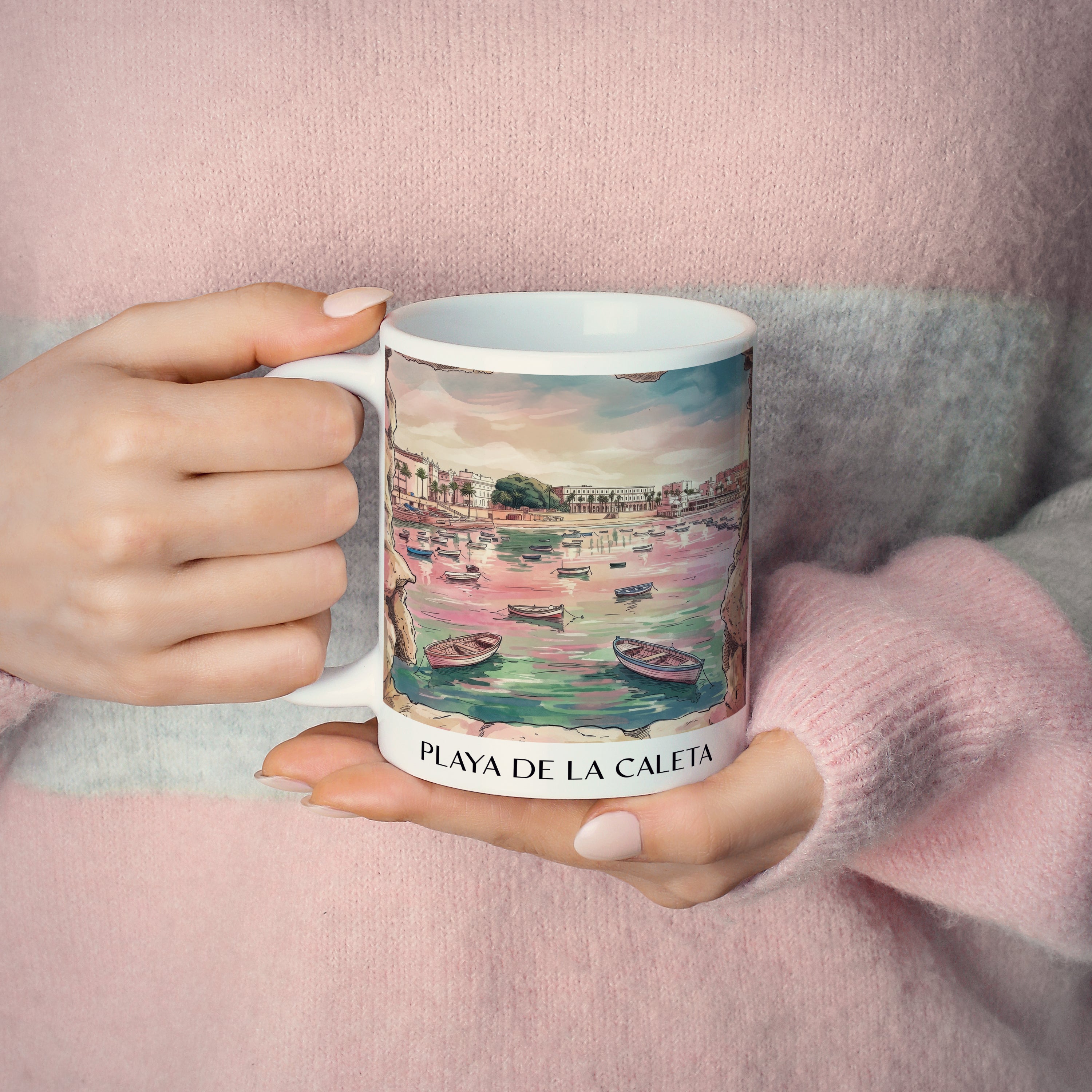 playa-de-la-caleta-cádiz-spanien-kaffeebecher-aquarell-pink-rosa