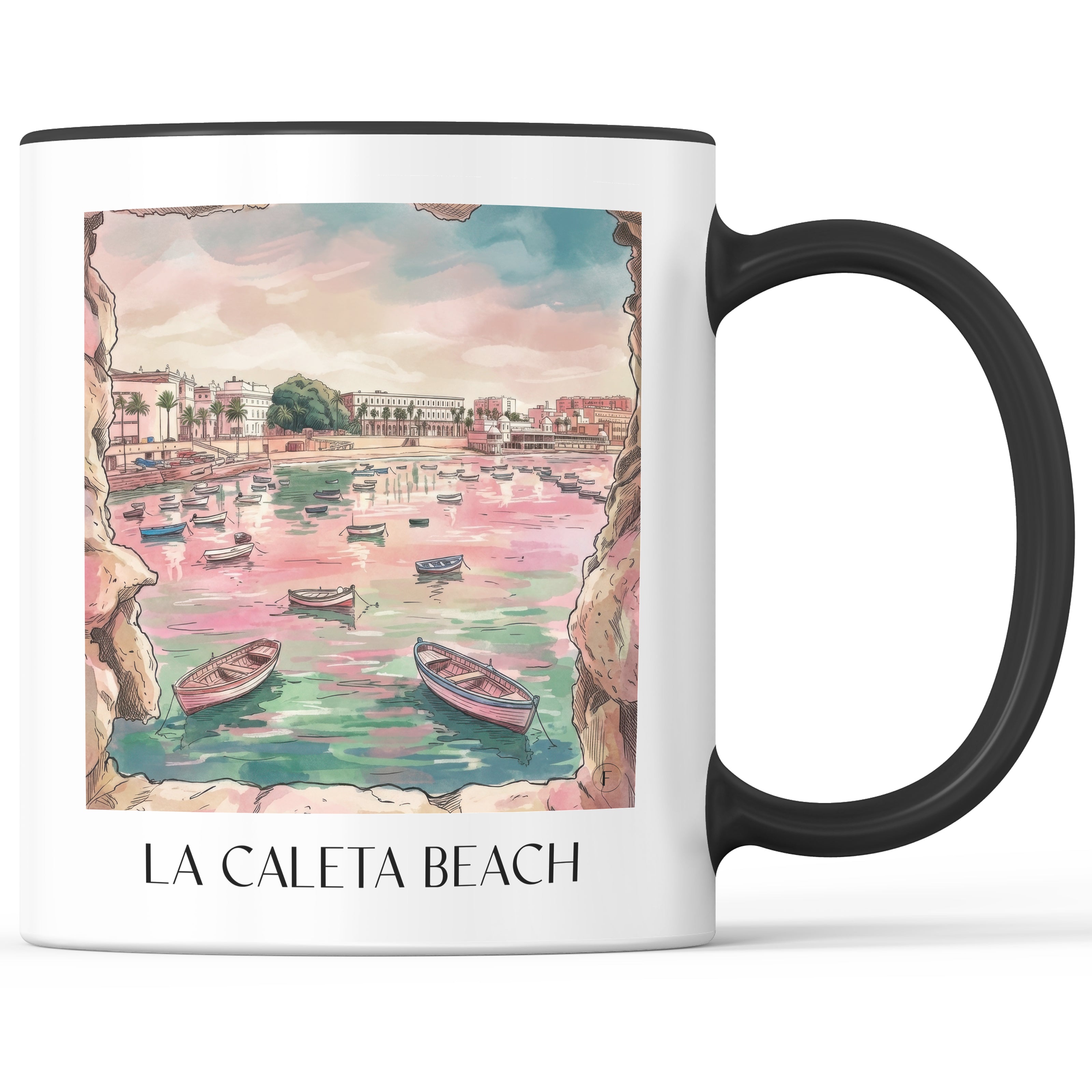 Playa de La Caleta Kaffeebecher - Cádiz - Spanien Becher - Kaffeetasse im Aquarell Pink Stil - favplace