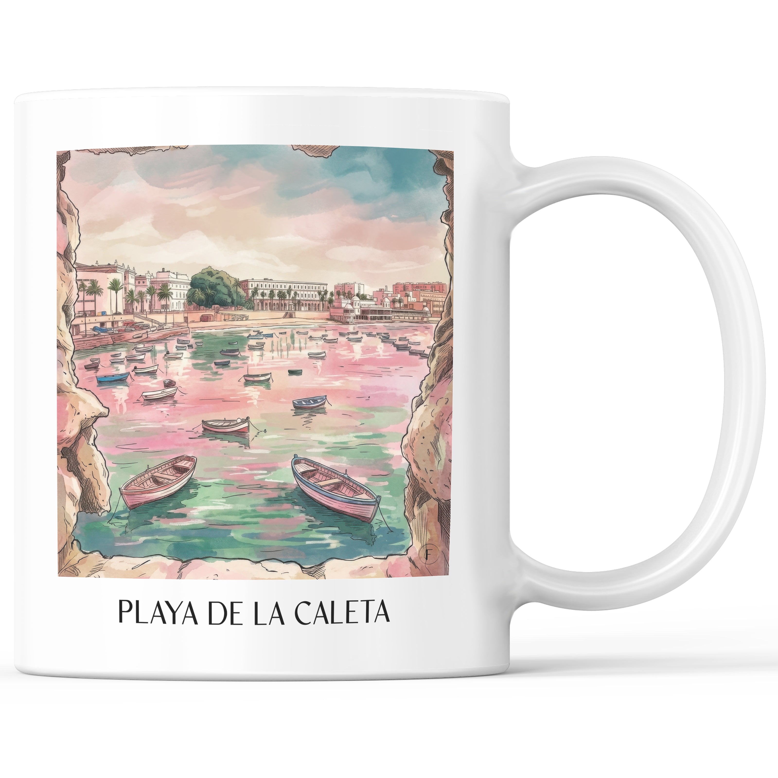 Playa de La Caleta Kaffeebecher - Cádiz - Spanien Becher - Kaffeetasse im Aquarell Pink Stil - favplace