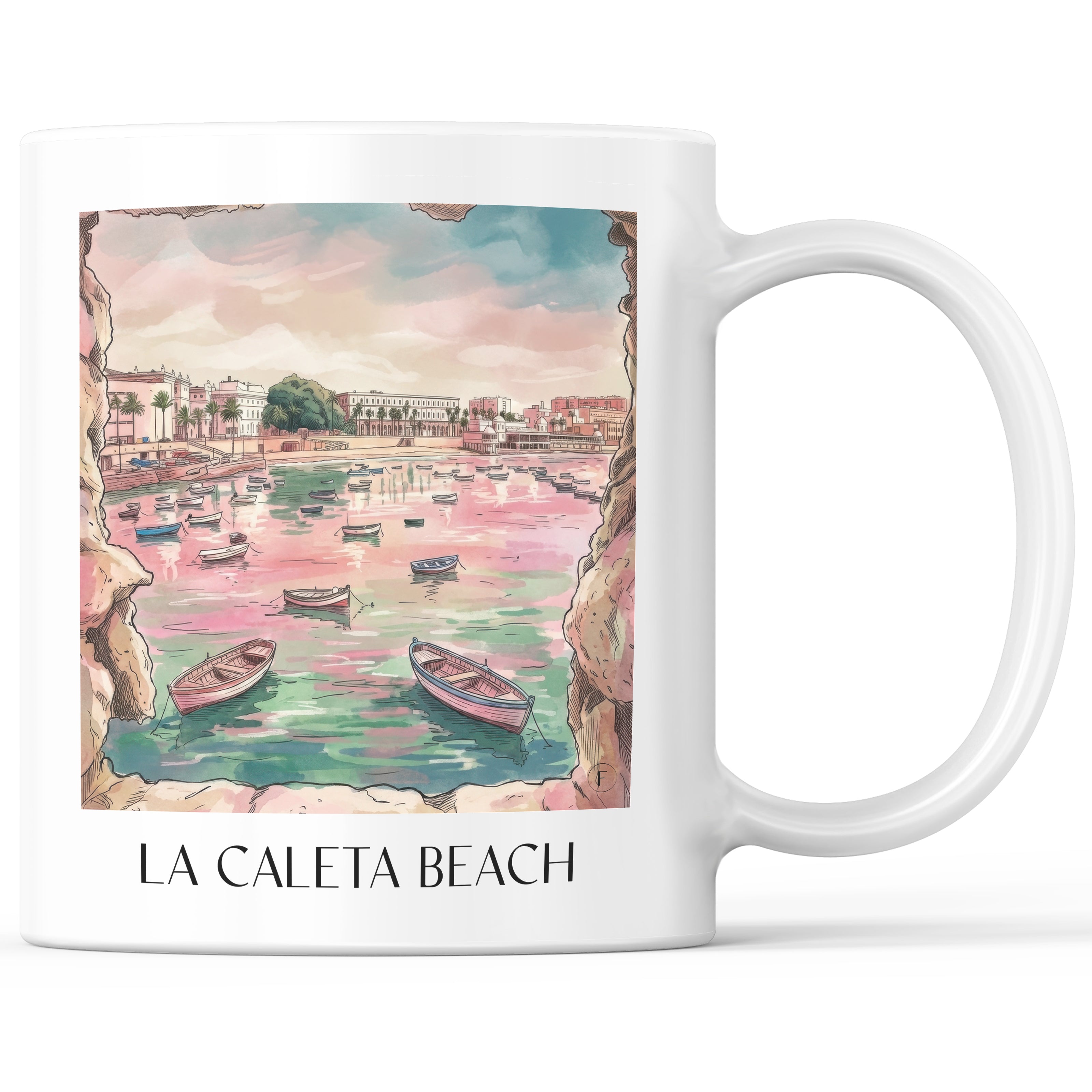 Playa de La Caleta Kaffeebecher - Cádiz - Spanien Becher - Kaffeetasse im Aquarell Pink Stil - favplace