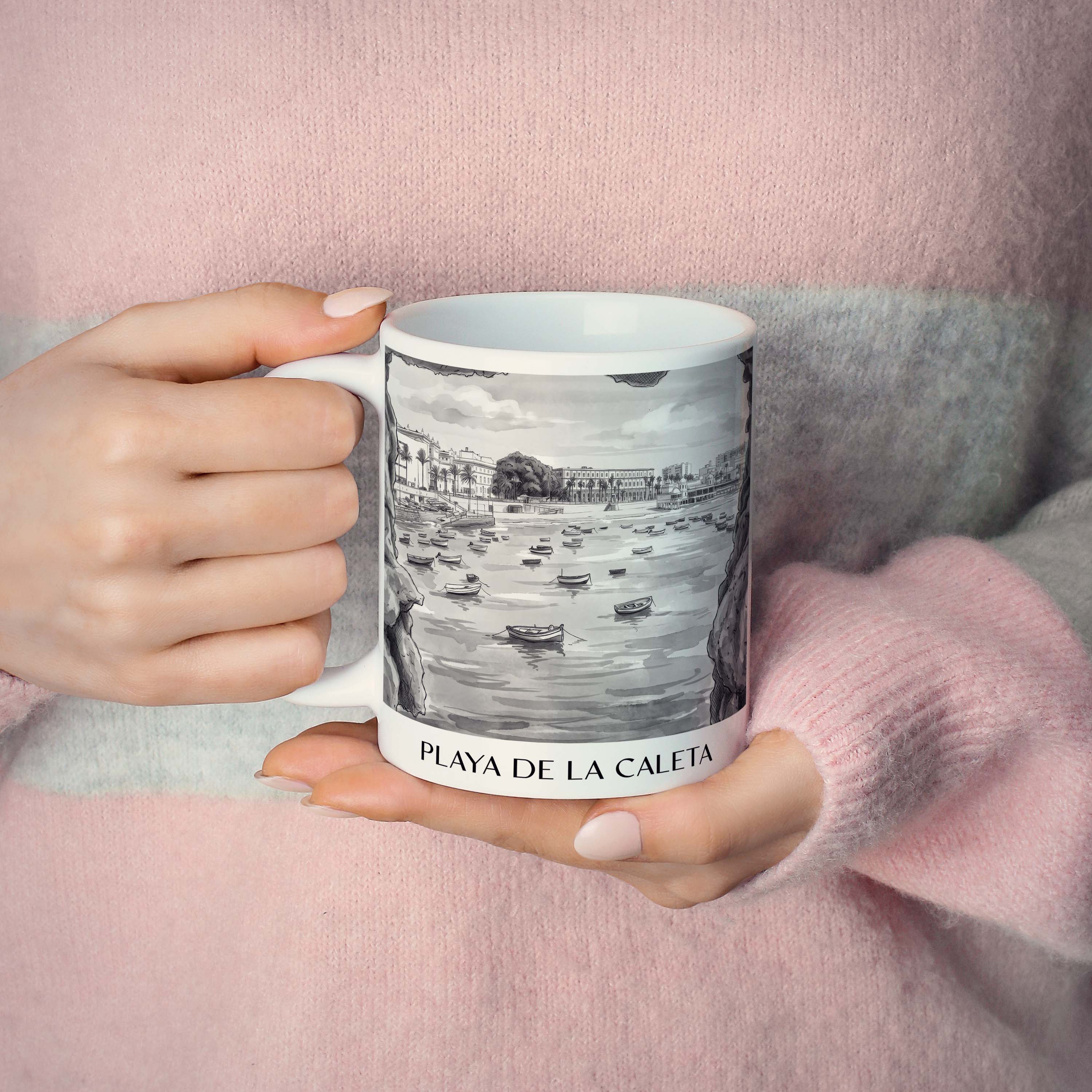 playa-de-la-caleta-cádiz-spanien-kaffeebecher-aquarell-schwarz-weiss