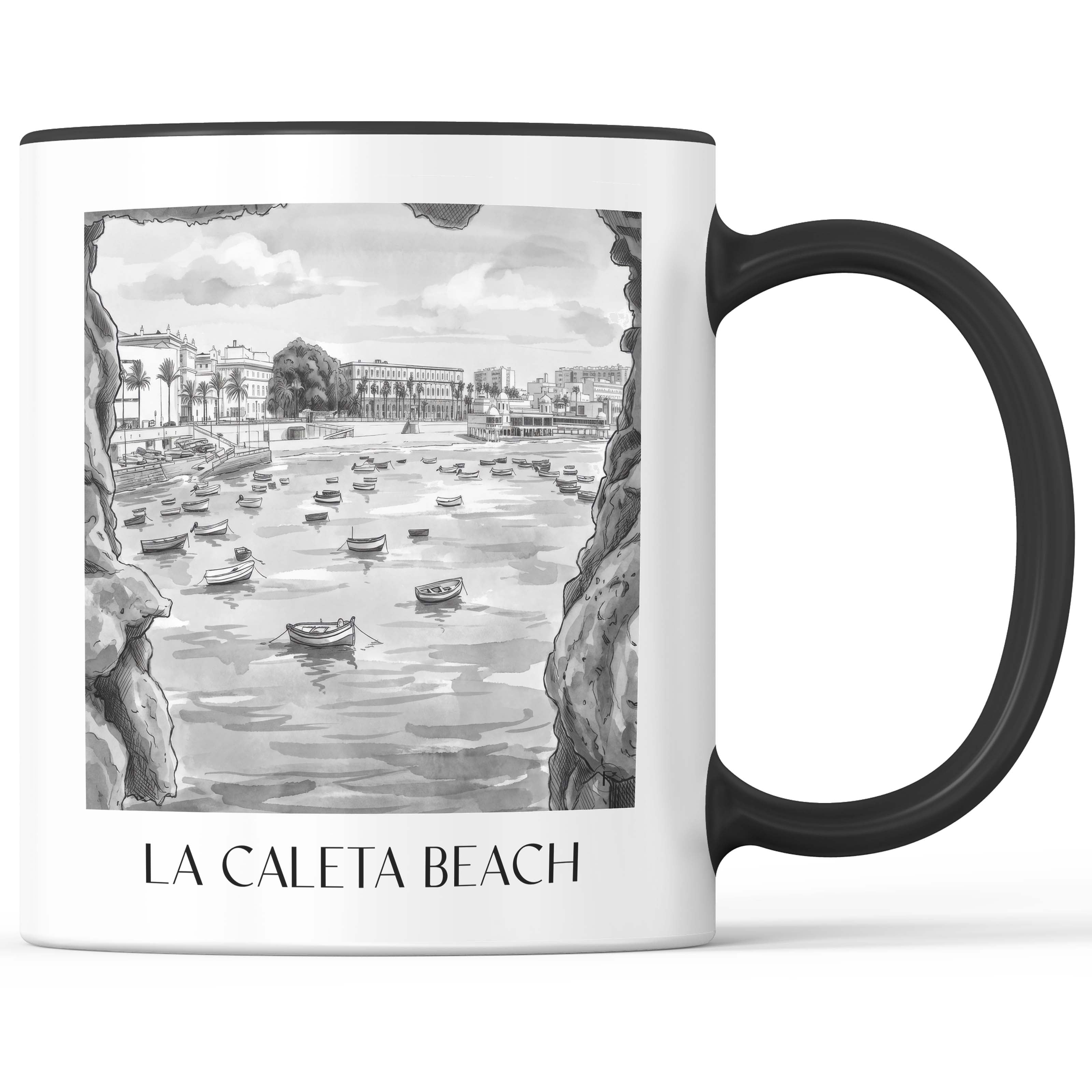 Playa de La Caleta Kaffeebecher - Cádiz - Spanien Becher - Kaffeetasse im Aquarell Schwarz-Weiß Stil - favplace