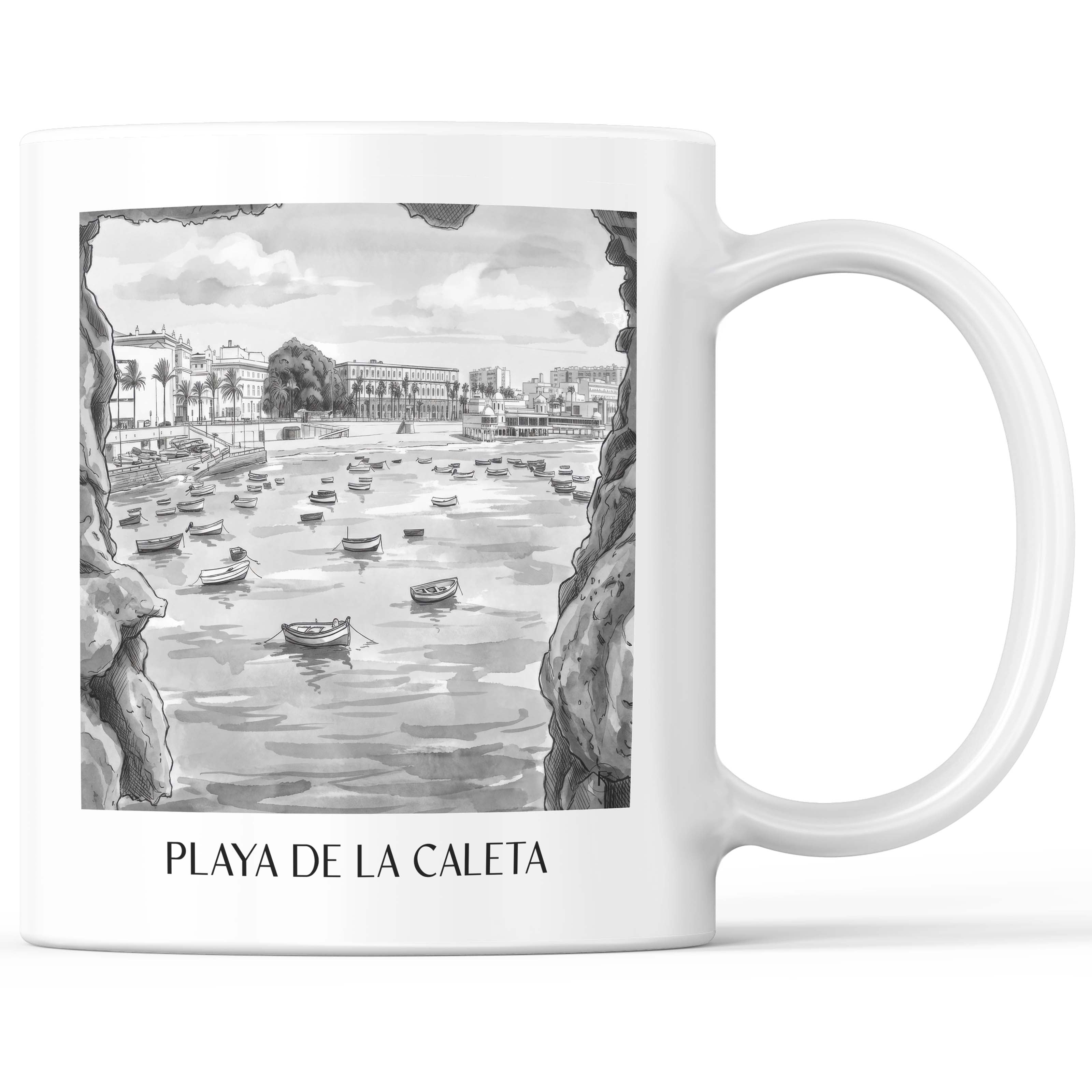 Playa de La Caleta Kaffeebecher - Cádiz - Spanien Becher - Kaffeetasse im Aquarell Schwarz-Weiß Stil - favplace