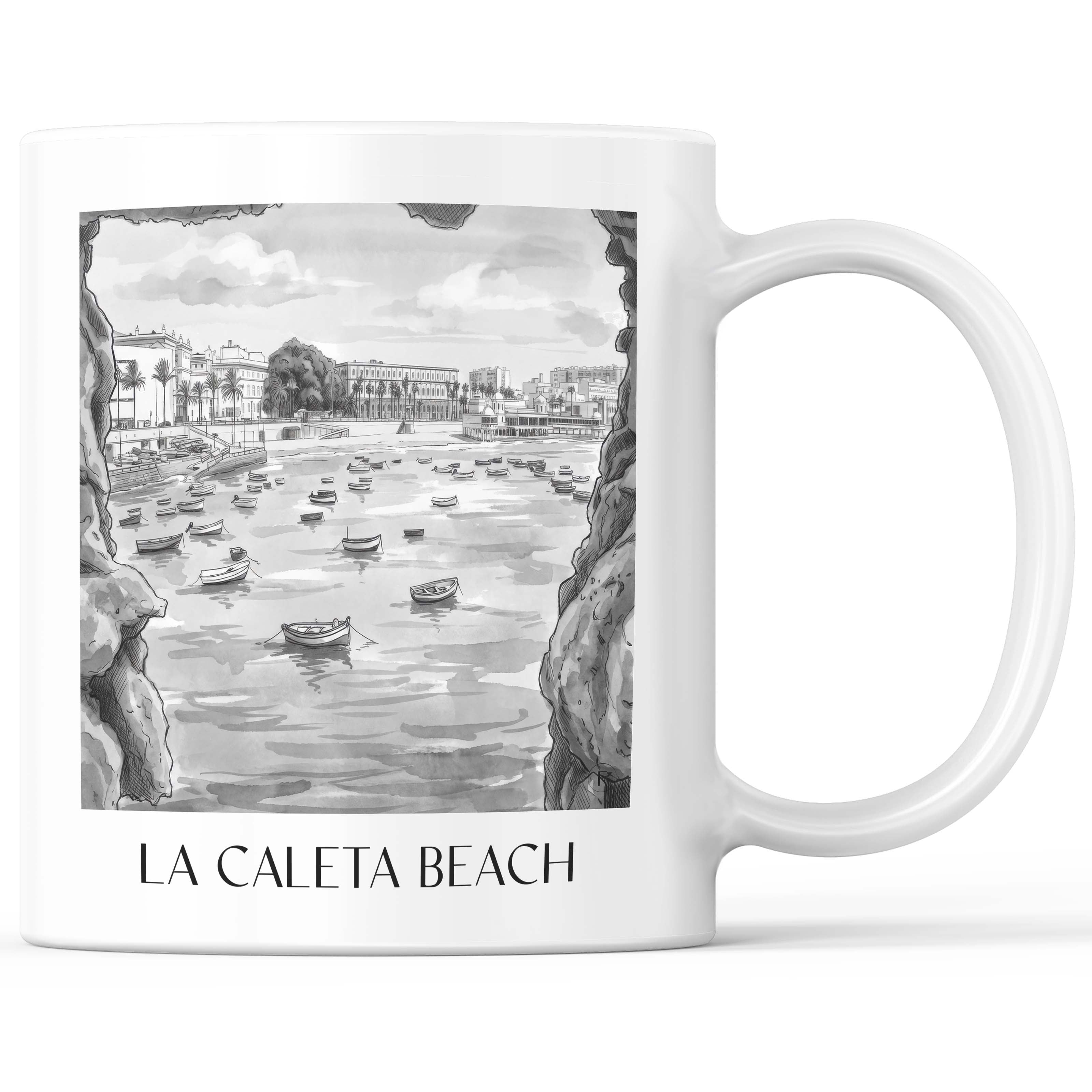 Playa de La Caleta Kaffeebecher - Cádiz - Spanien Becher - Kaffeetasse im Aquarell Schwarz-Weiß Stil - favplace