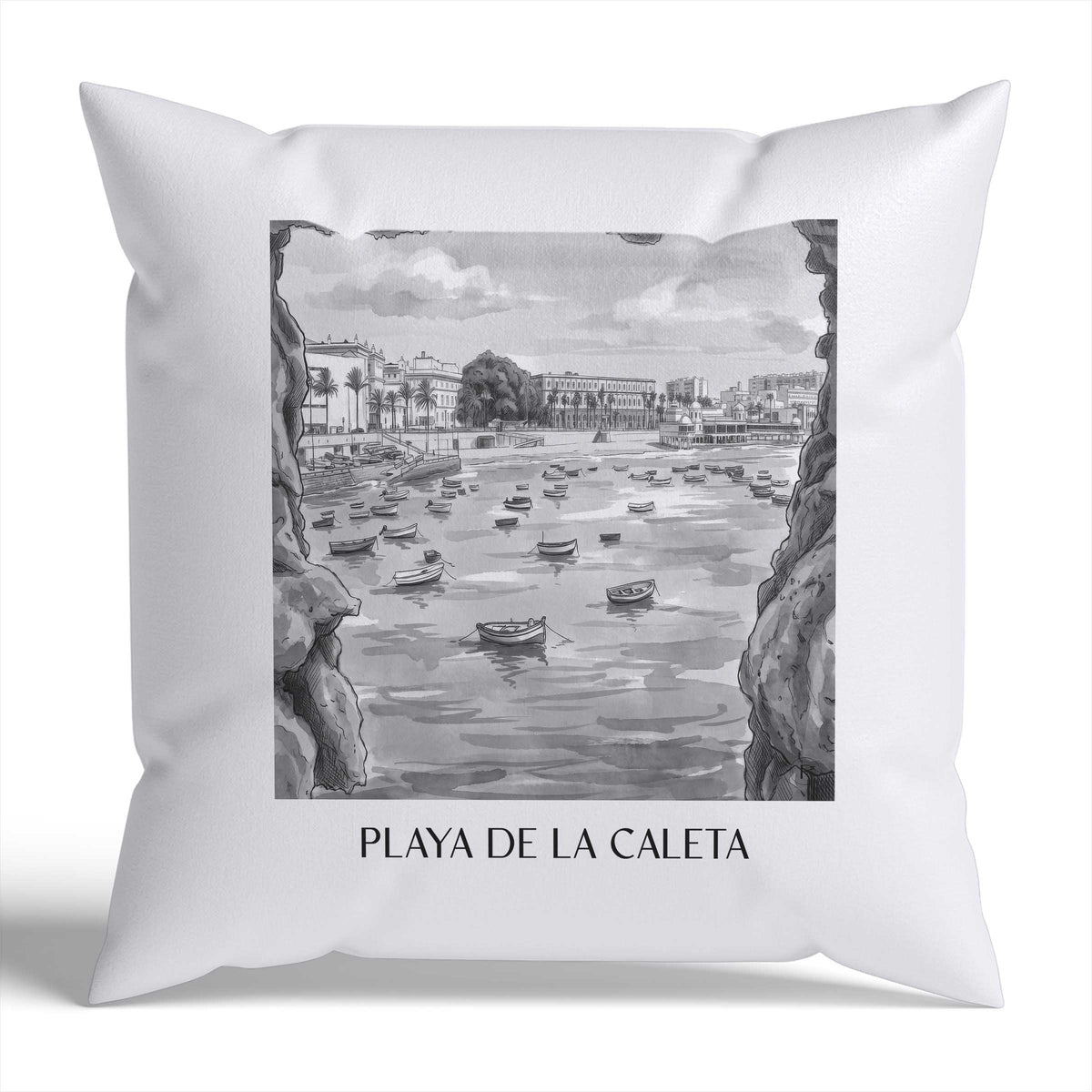 playa-de-la-caleta-cádiz-spanien-kissenbezug-aquarell-schwarz-weiss