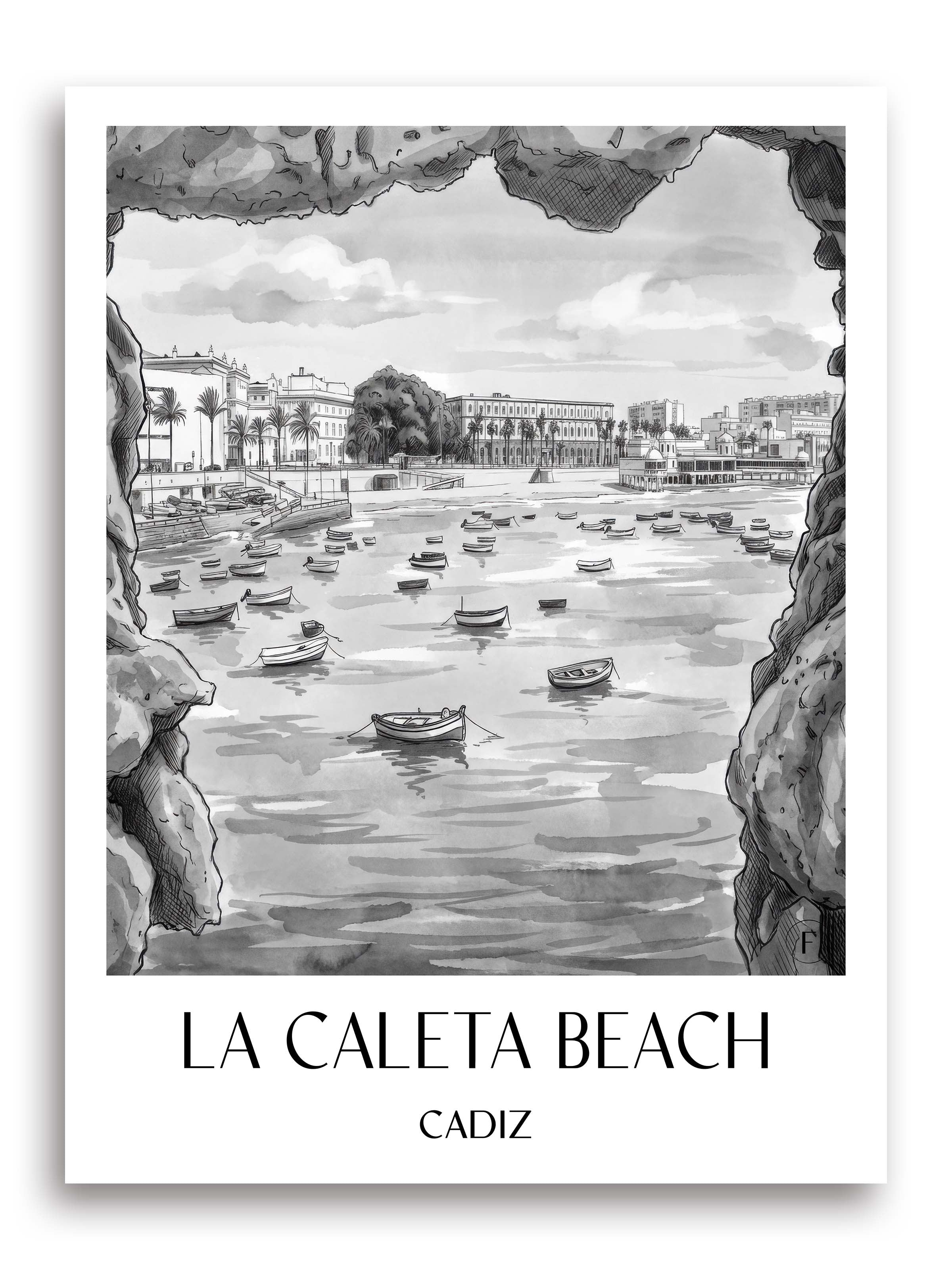Playa de La Caleta Poster - Cádiz - Spanien Kunstdruck - Aquarell Schwarz-Weiß von A4 bis A1 - favplace