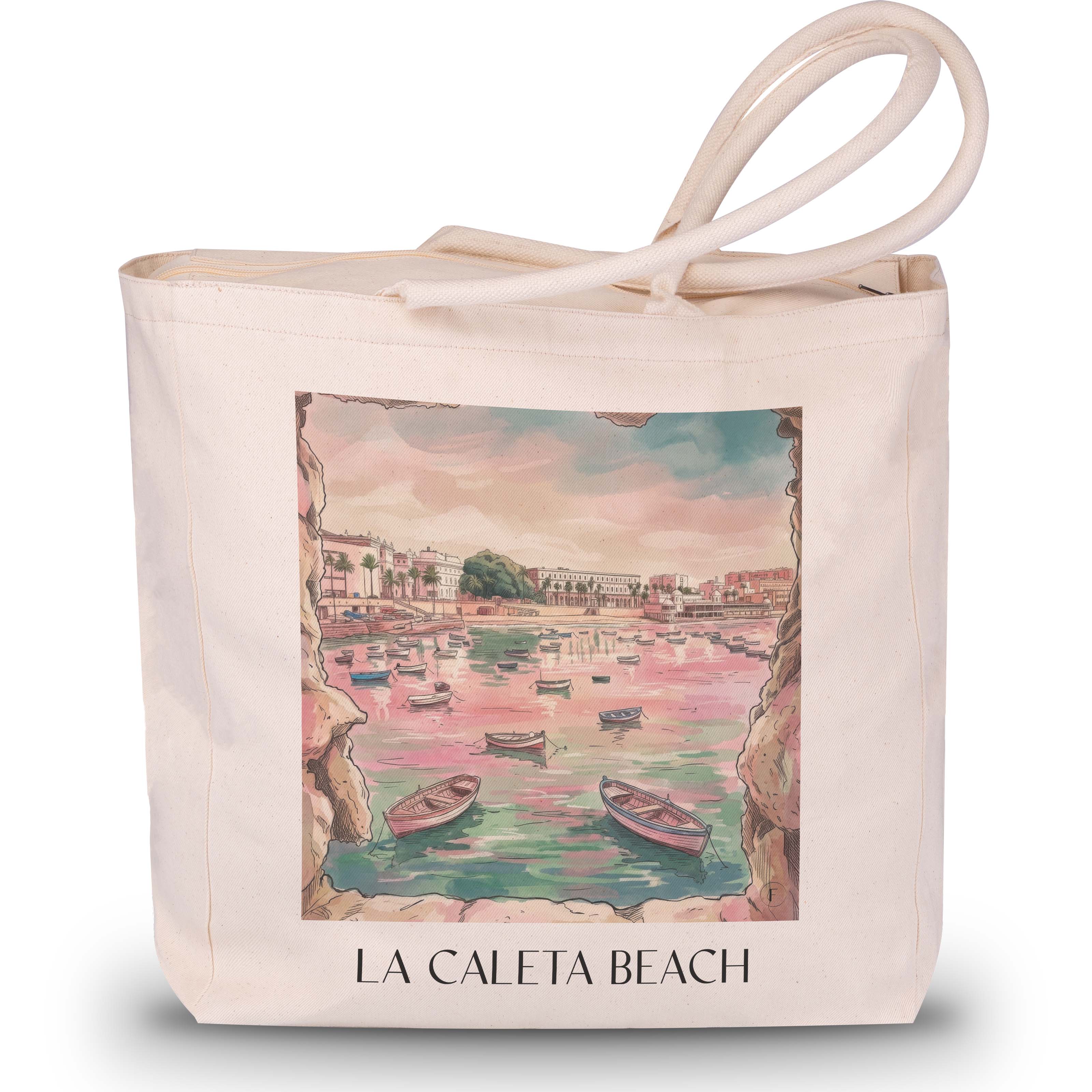 Playa de La Caleta Shopping Tasche - Cádiz - Spanien Tote Bag - Einkaufstasche im Aquarell Pink Stil - favplace