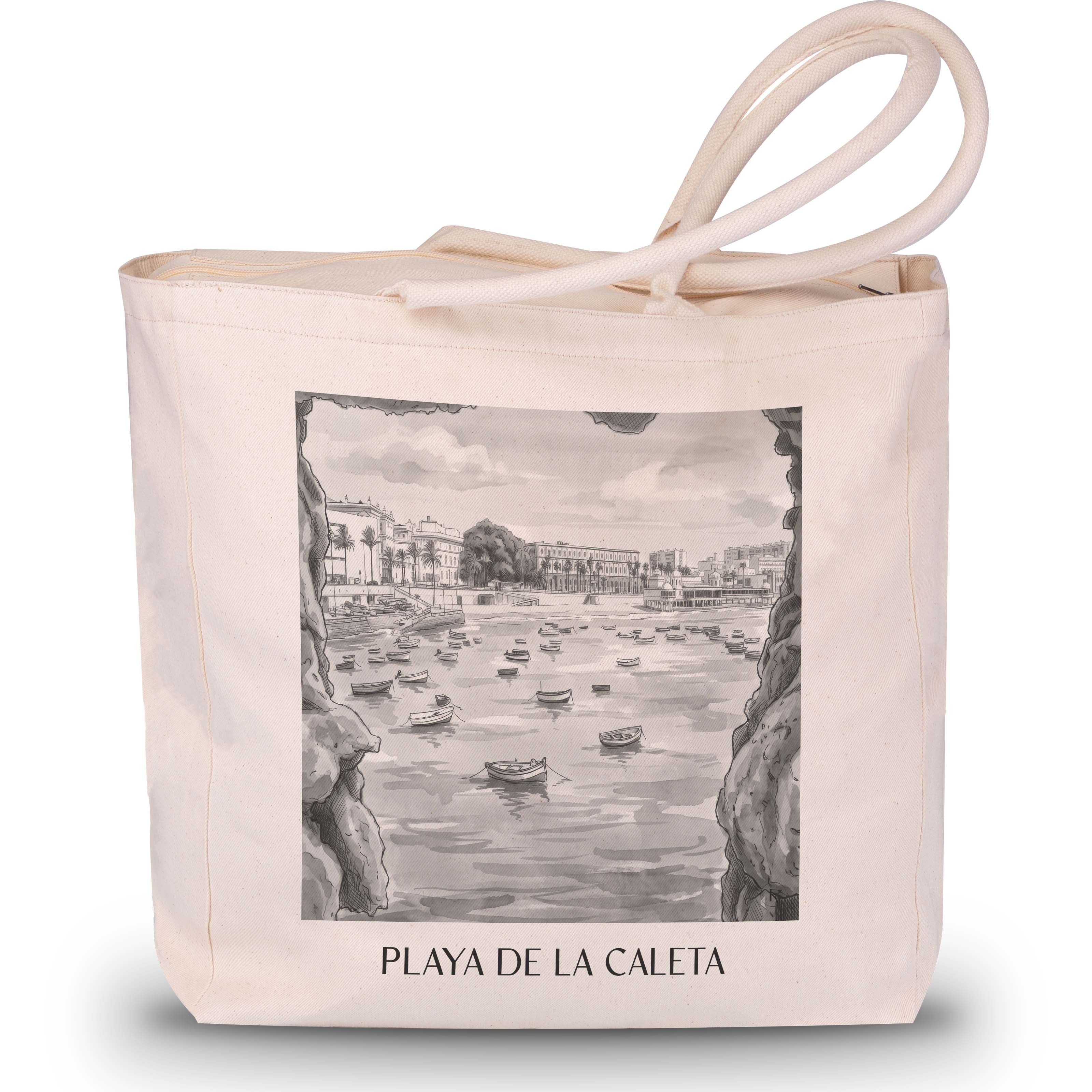playa-de-la-caleta-cádiz-spanien-einkaufstasche-aquarell-schwarz-weiss