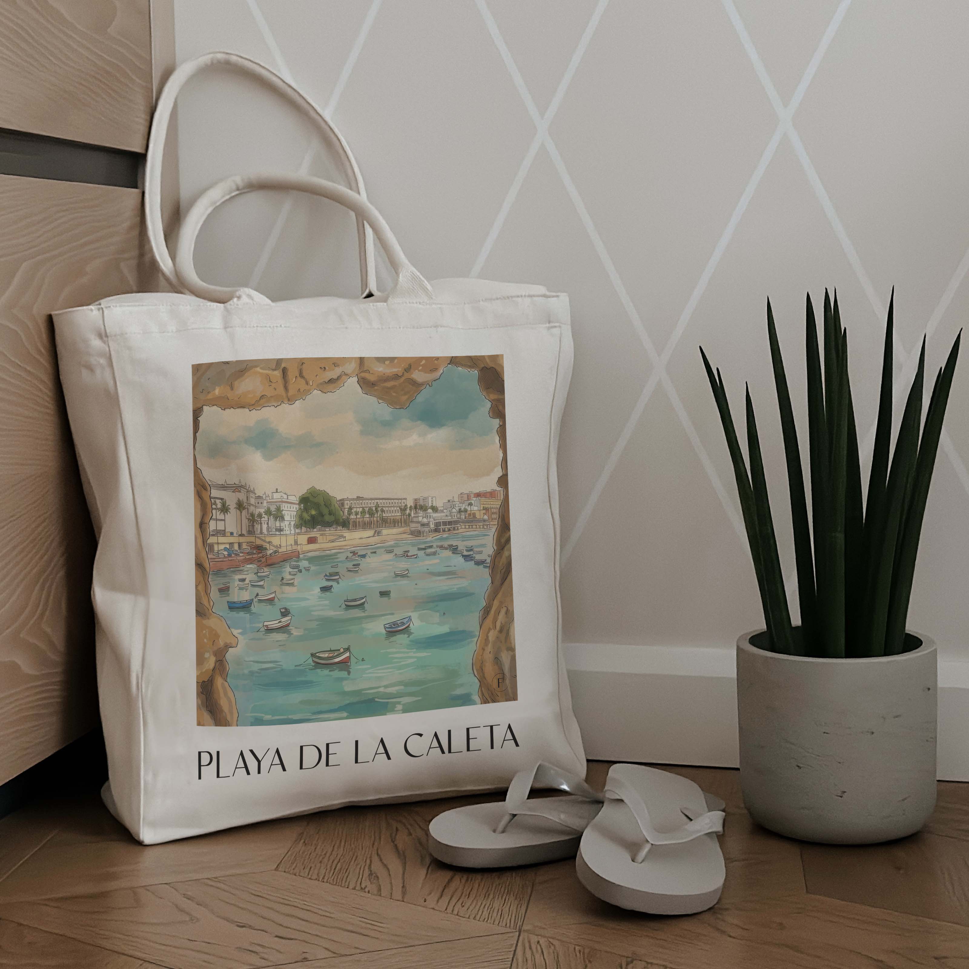 playa-de-la-caleta-cádiz-spanien-einkaufstasche-aquarell