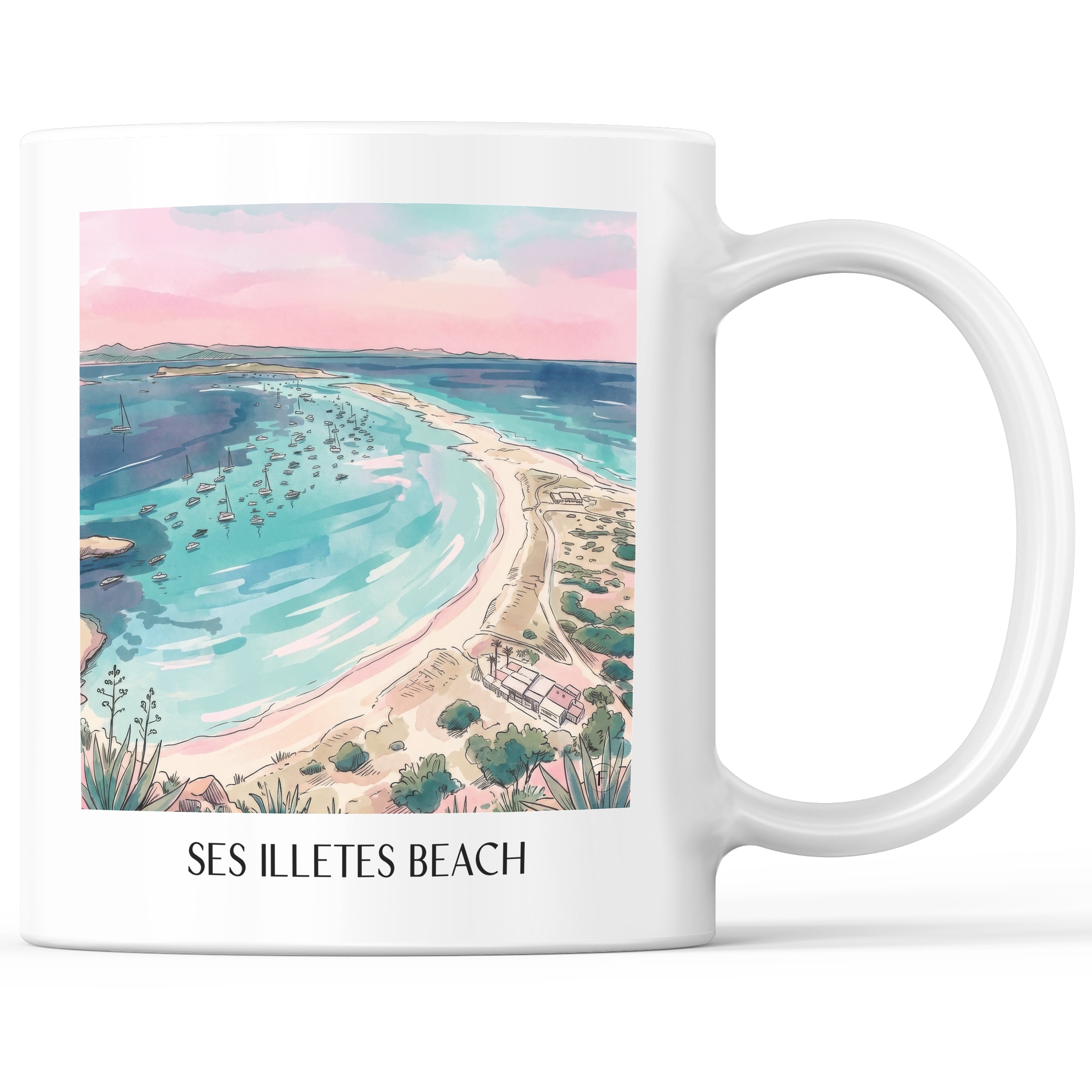 Playa de Ses Illetes Kaffeebecher - Formentera - Spanien Becher - Kaffeetasse im Aquarell Pink Stil - favplace