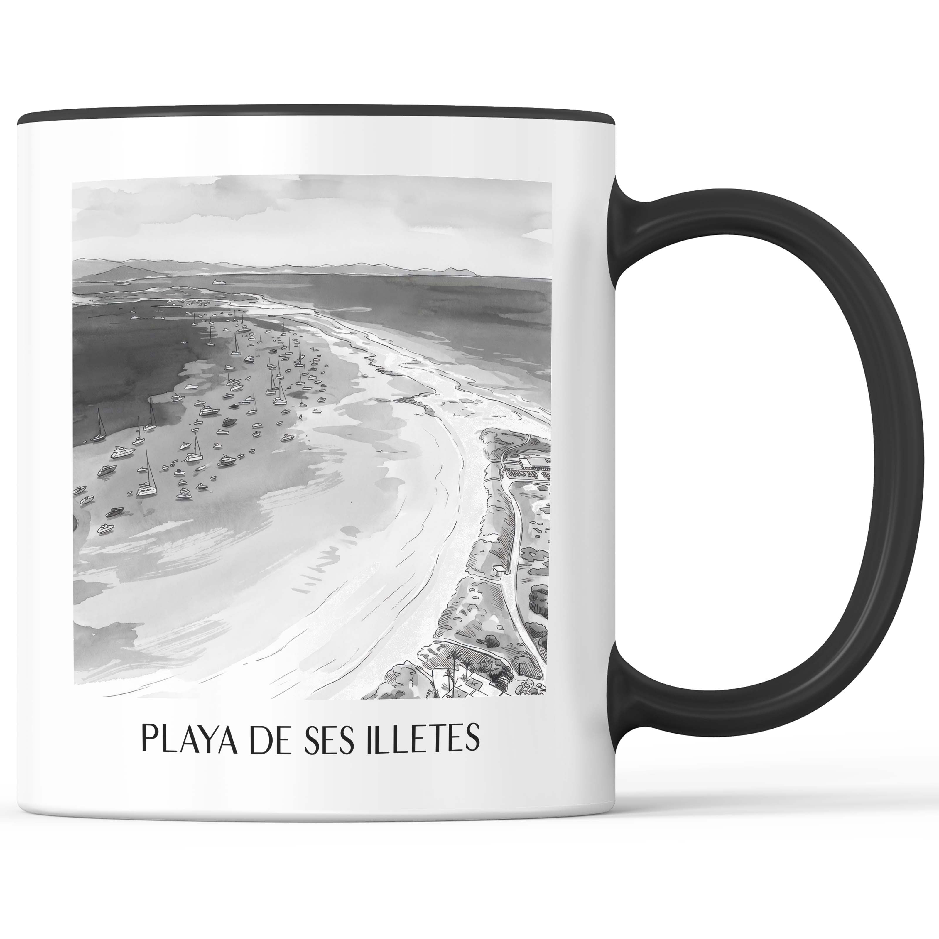 playa-de-ses-illetes-formentera-spanien-kaffeebecher-aquarell-schwarz-weiss
