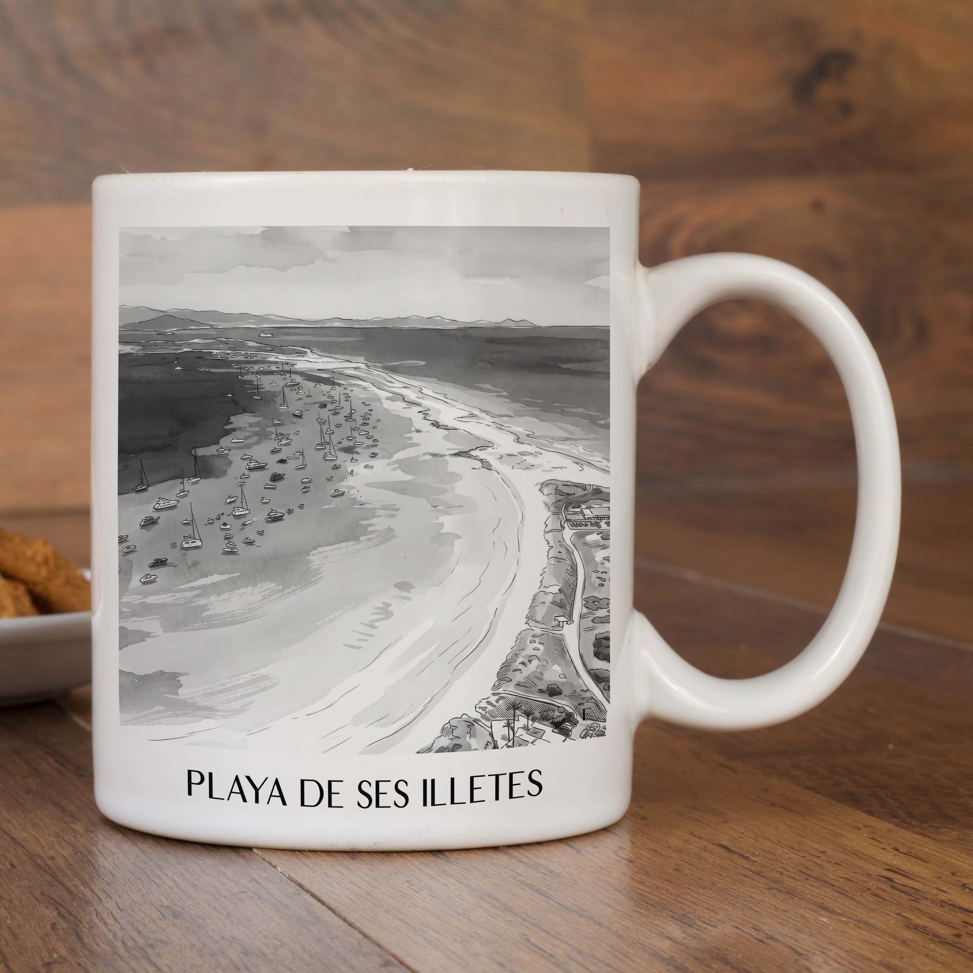 playa-de-ses-illetes-formentera-spanien-kaffeebecher-aquarell-schwarz-weiss