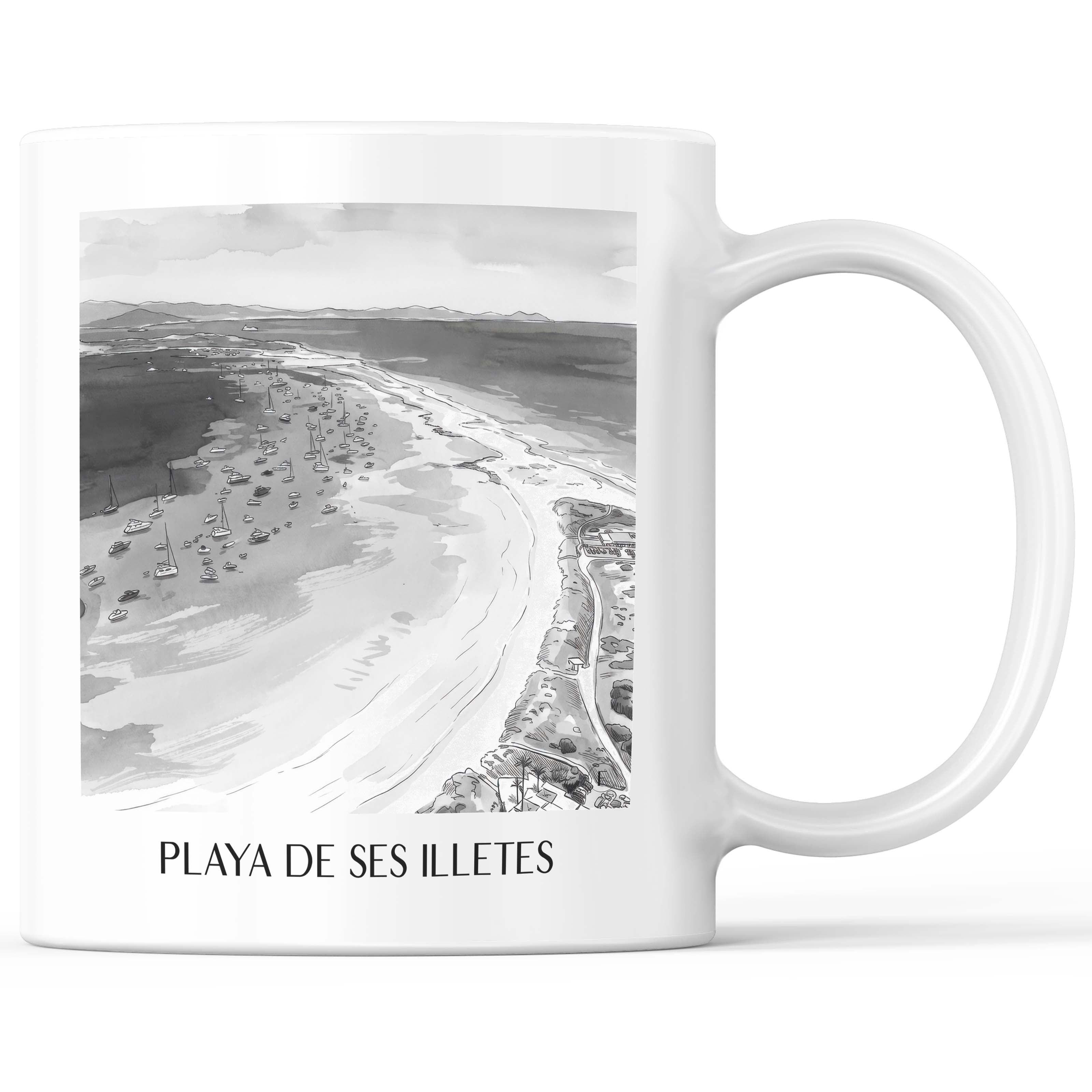 Playa de Ses Illetes Kaffeebecher - Formentera - Spanien Becher - Kaffeetasse im Aquarell Schwarz-Weiß Stil - favplace