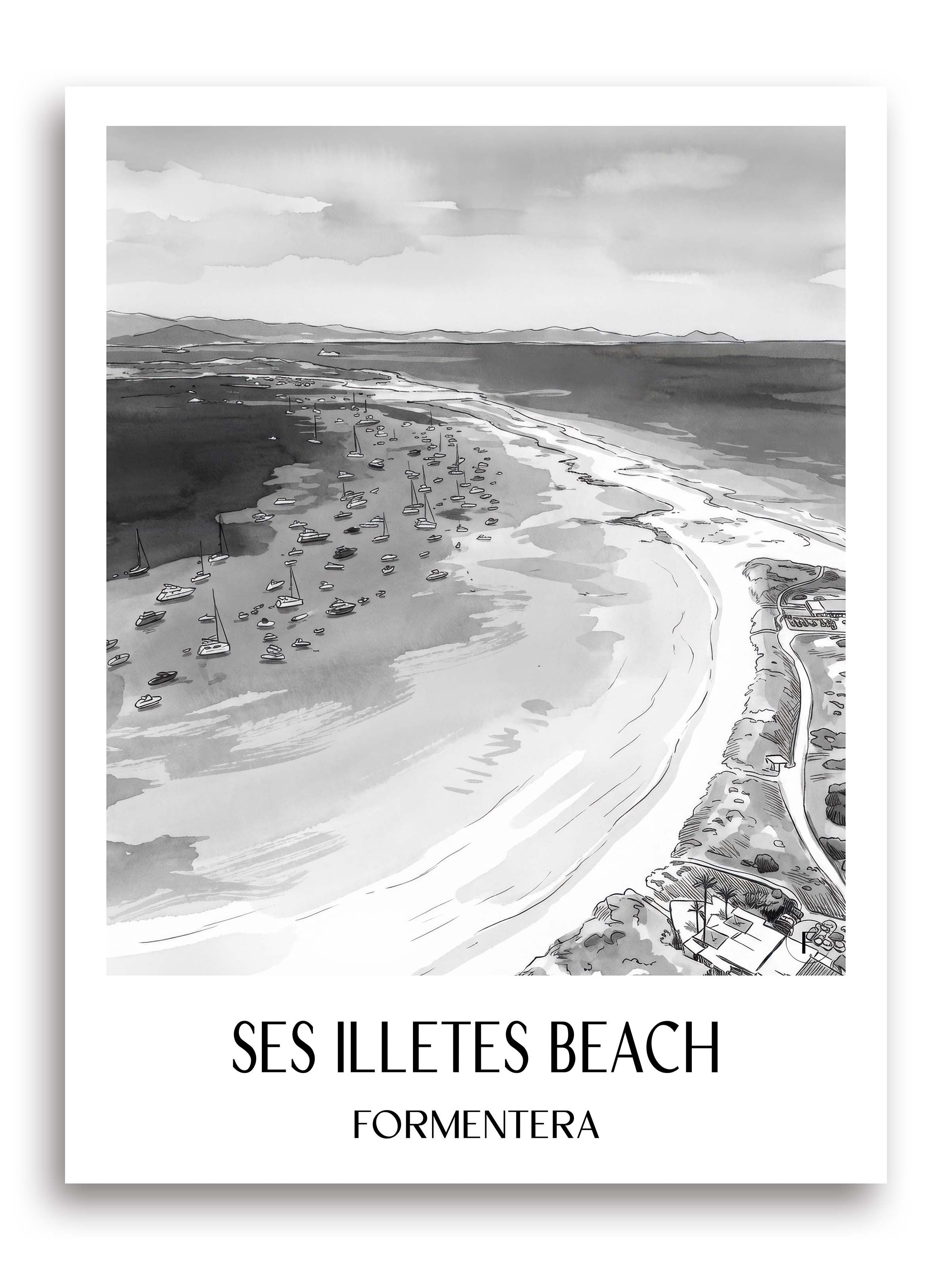 Playa de Ses Illetes Poster - Formentera - Spanien Kunstdruck - Aquarell Schwarz-Weiß von A4 bis A1 - favplace