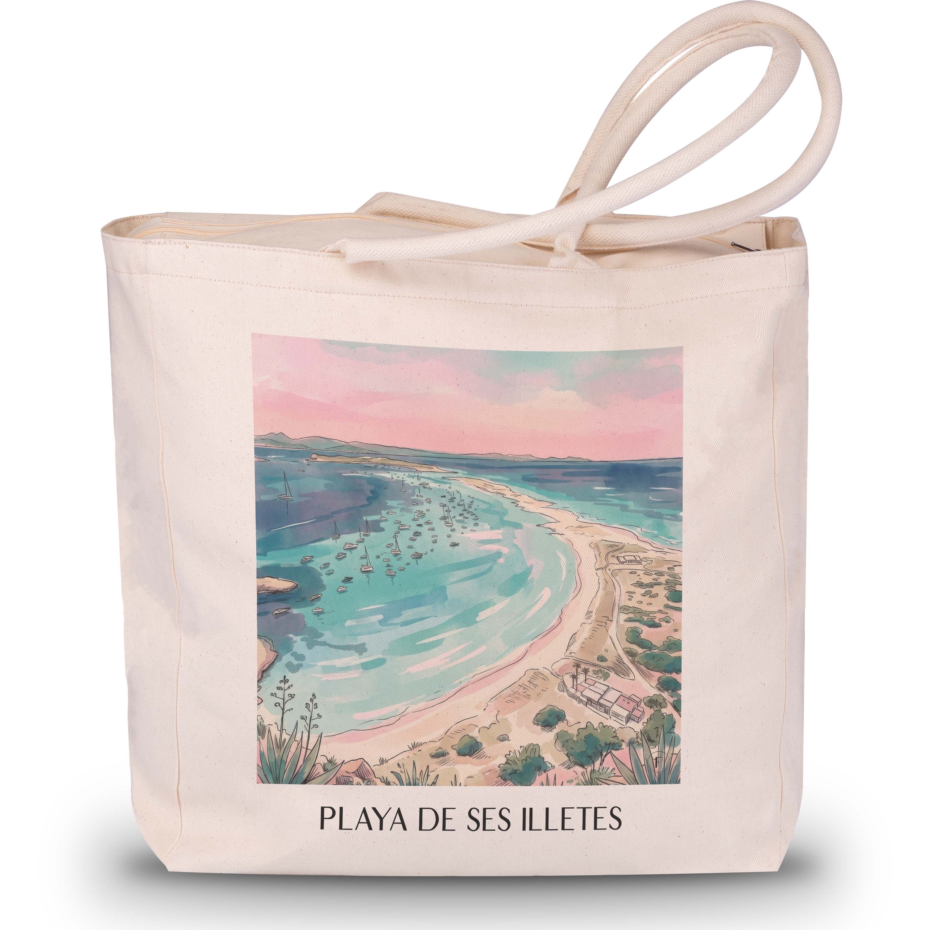 playa-de-ses-illetes-formentera-spanien-einkaufstasche-aquarell-pink-rosa